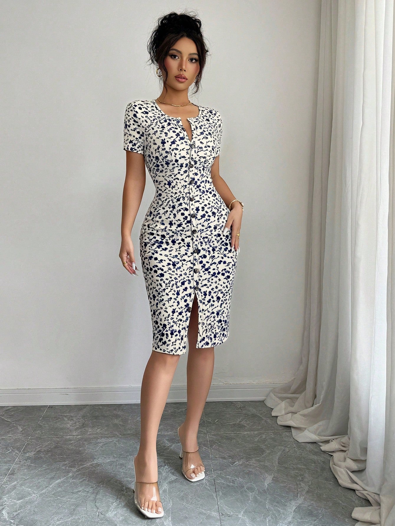 Elenzga Women's Spring/Summer Round Neck Knit Floral Short Dress, Decorated With Ditsy Floral Pattern, - image 15