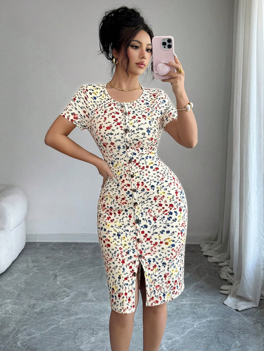 Elenzga Women's Spring/Summer Round Neck Knit Floral Short Dress, Decorated With Ditsy Floral Pattern, - image 9