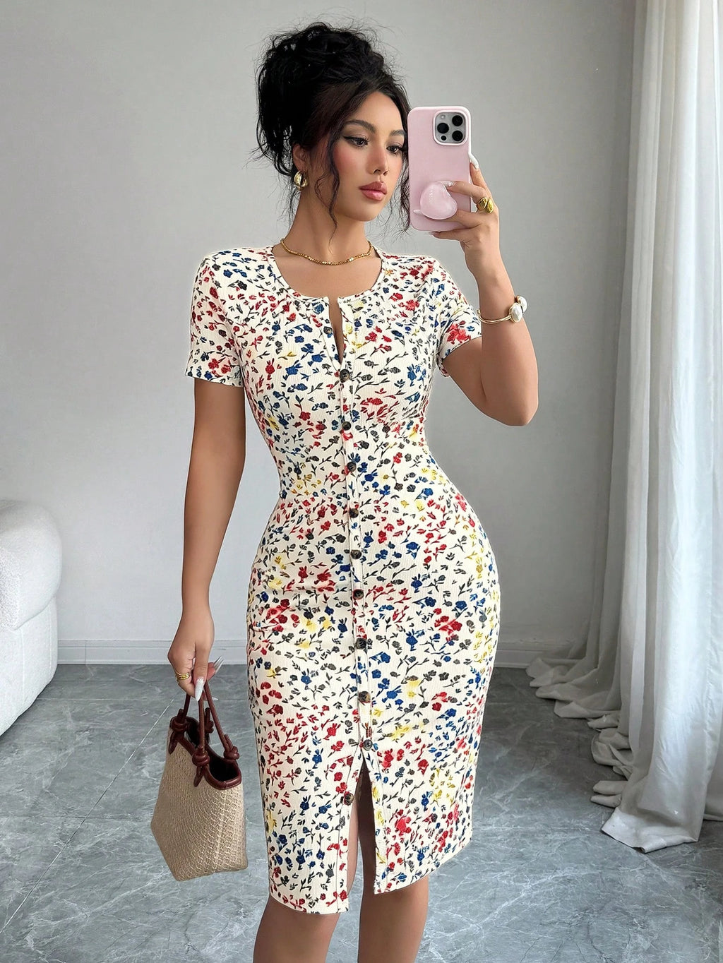 Elenzga Women's Spring/Summer Round Neck Knit Floral Short Dress, Decorated With Ditsy Floral Pattern, - image 10