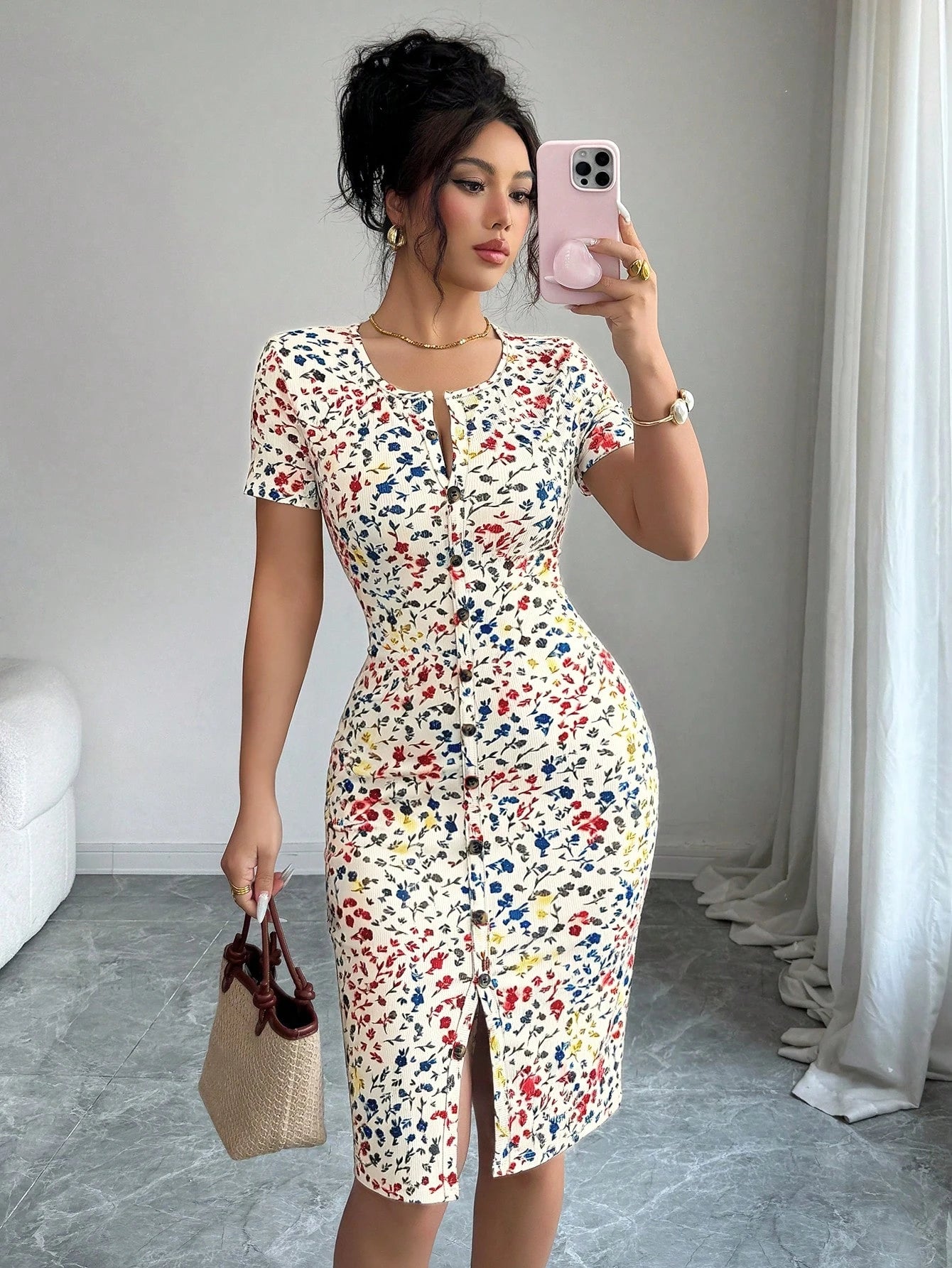 Elenzga Women's Spring/Summer Round Neck Knit Floral Short Dress, Decorated With Ditsy Floral Pattern, - image 10