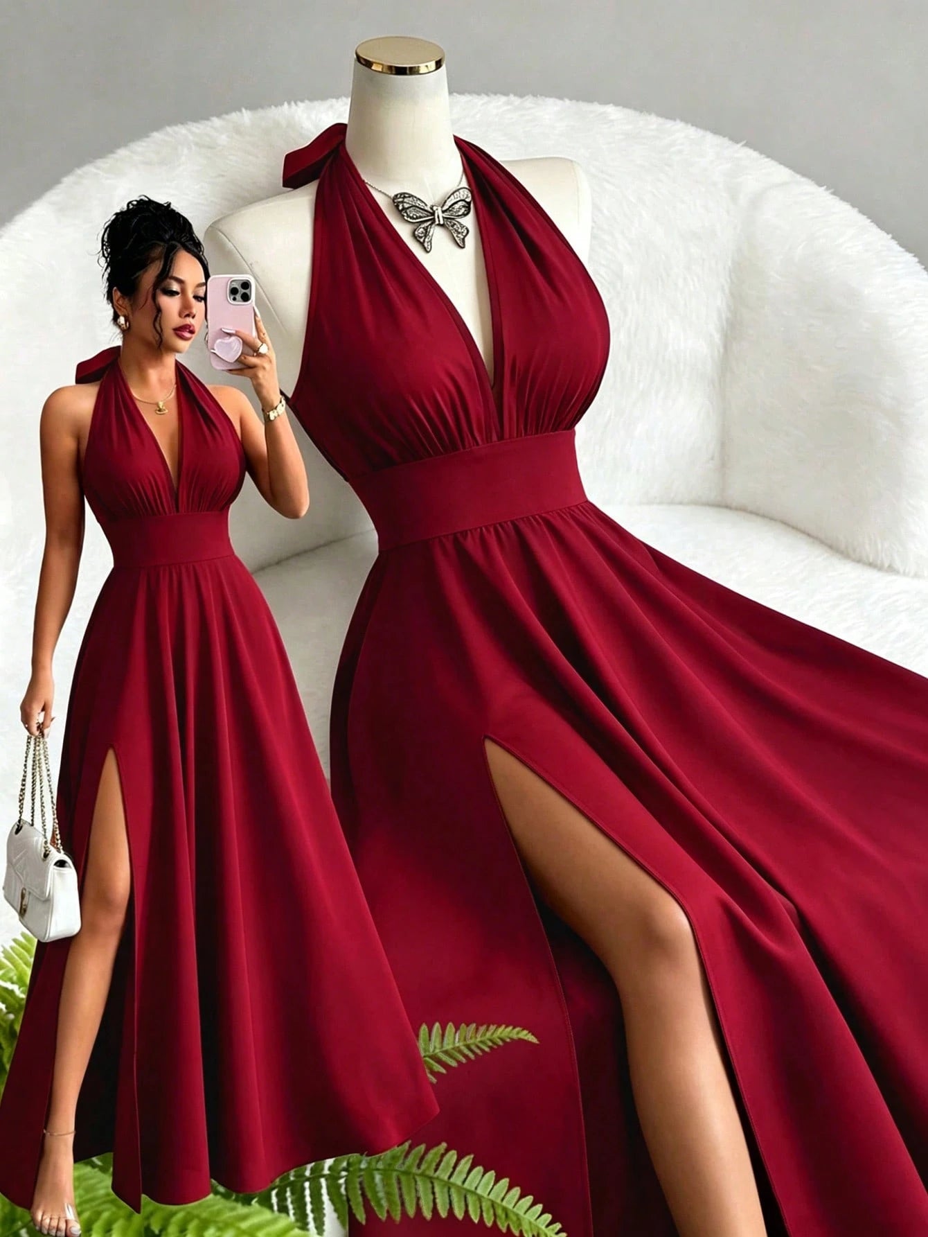 Elenzga Summer Elegant Vacation Women Dress,French Style High-End V-Neck Halter Backless A-Line Split - image 19