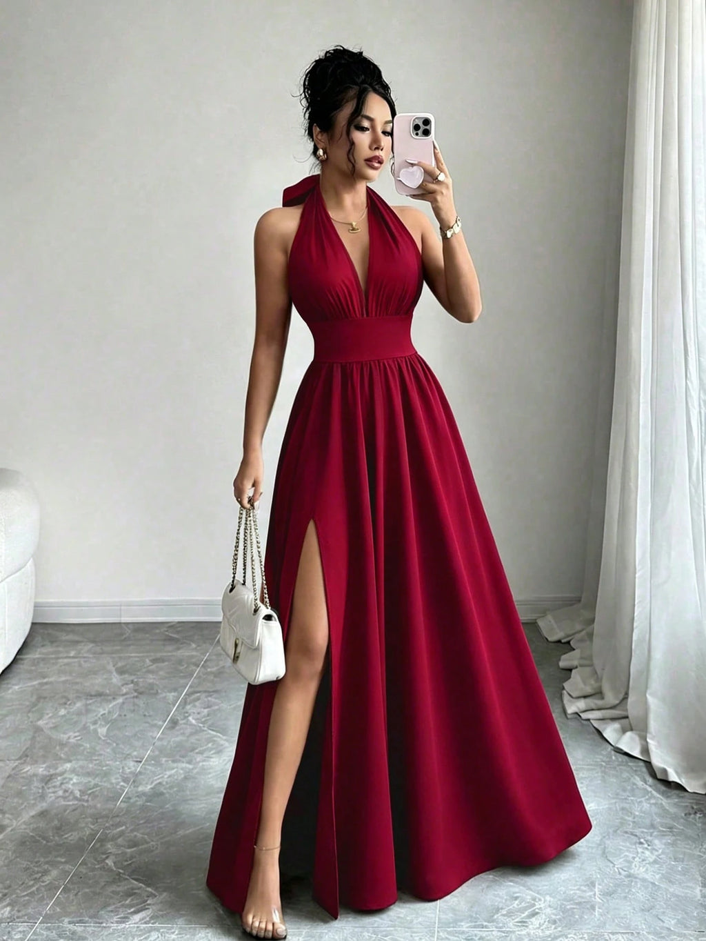 Elenzga Summer Elegant Vacation Women Dress,French Style High-End V-Neck Halter Backless A-Line Split - image 20