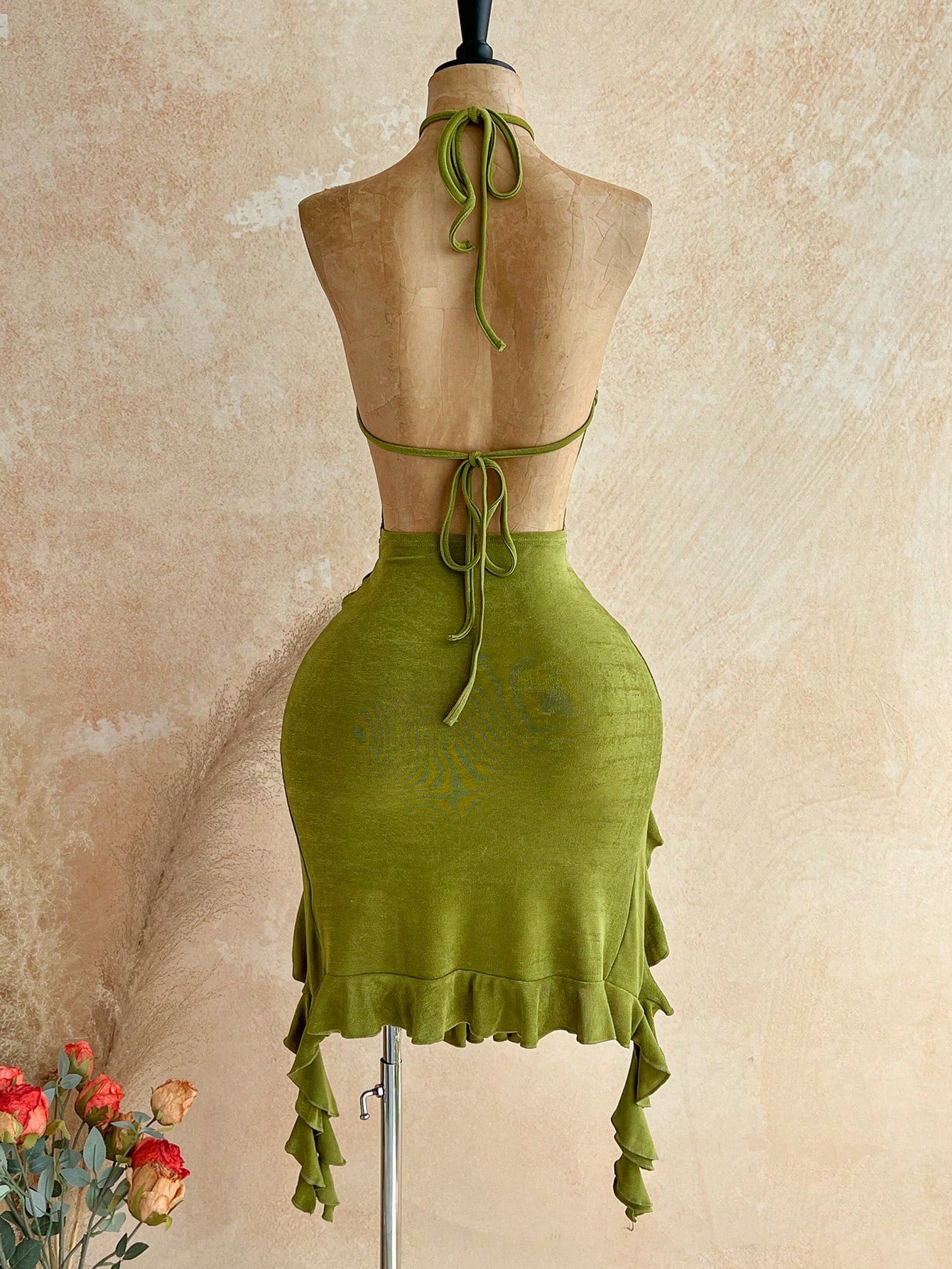 Soleia Women's Olive Green Halter Neck Tie Fitted Asymmetrical Hem Midi Dress For Vacation Party Club Night - image 2
