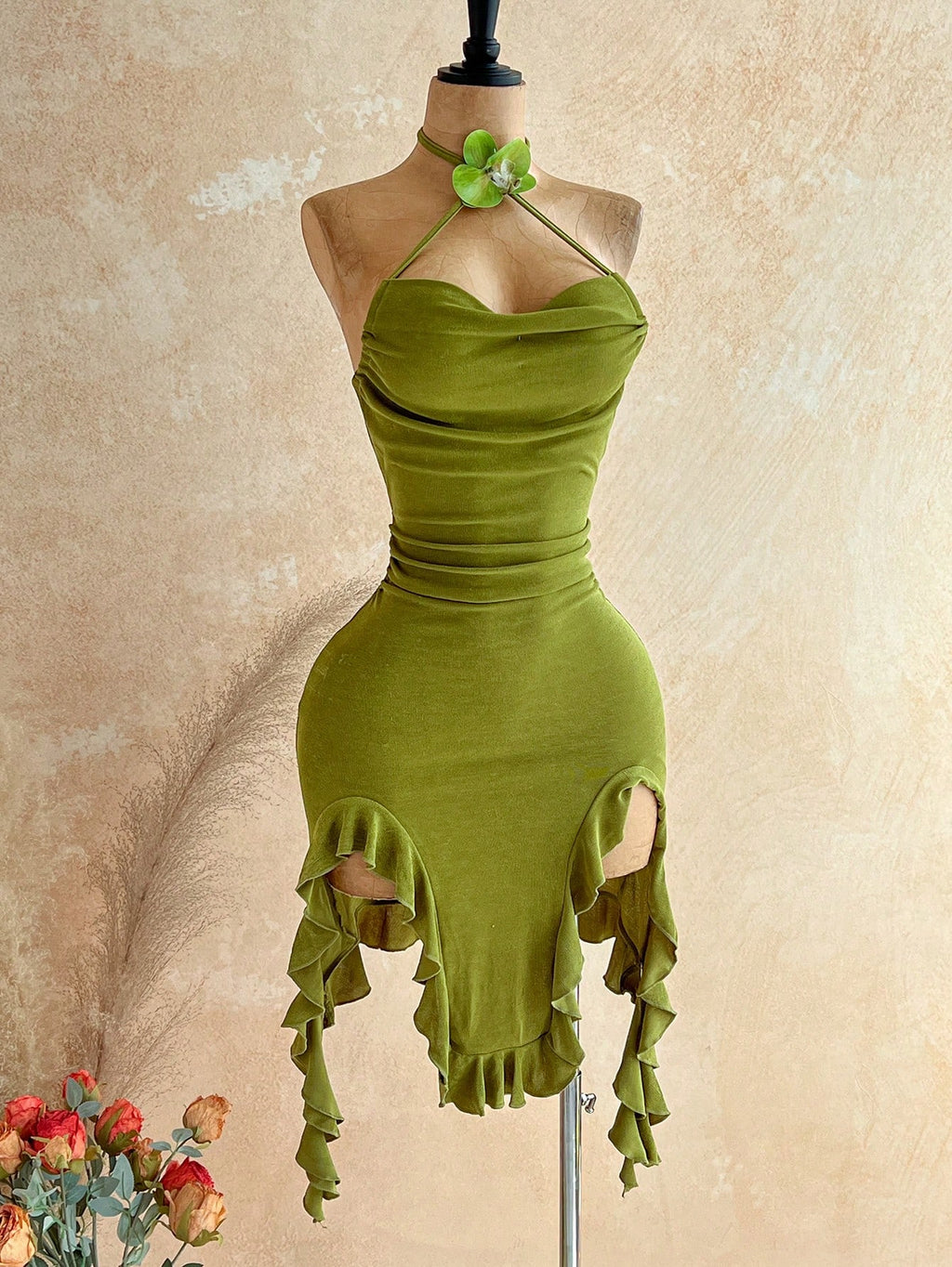 Soleia Women's Olive Green Halter Neck Tie Fitted Asymmetrical Hem Midi Dress For Vacation Party Club Night - image 6