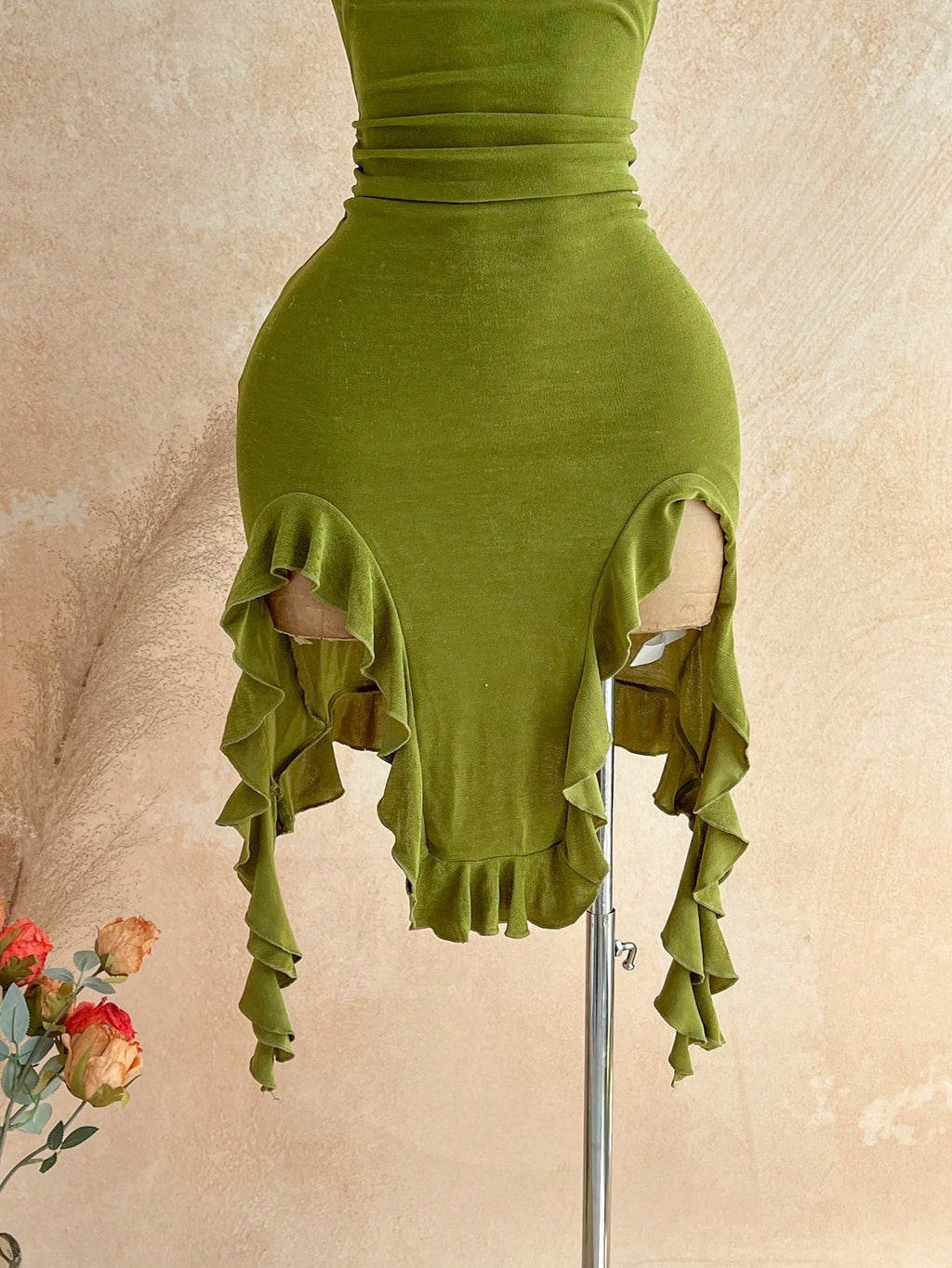 Soleia Women's Olive Green Halter Neck Tie Fitted Asymmetrical Hem Midi Dress For Vacation Party Club Night - image 5
