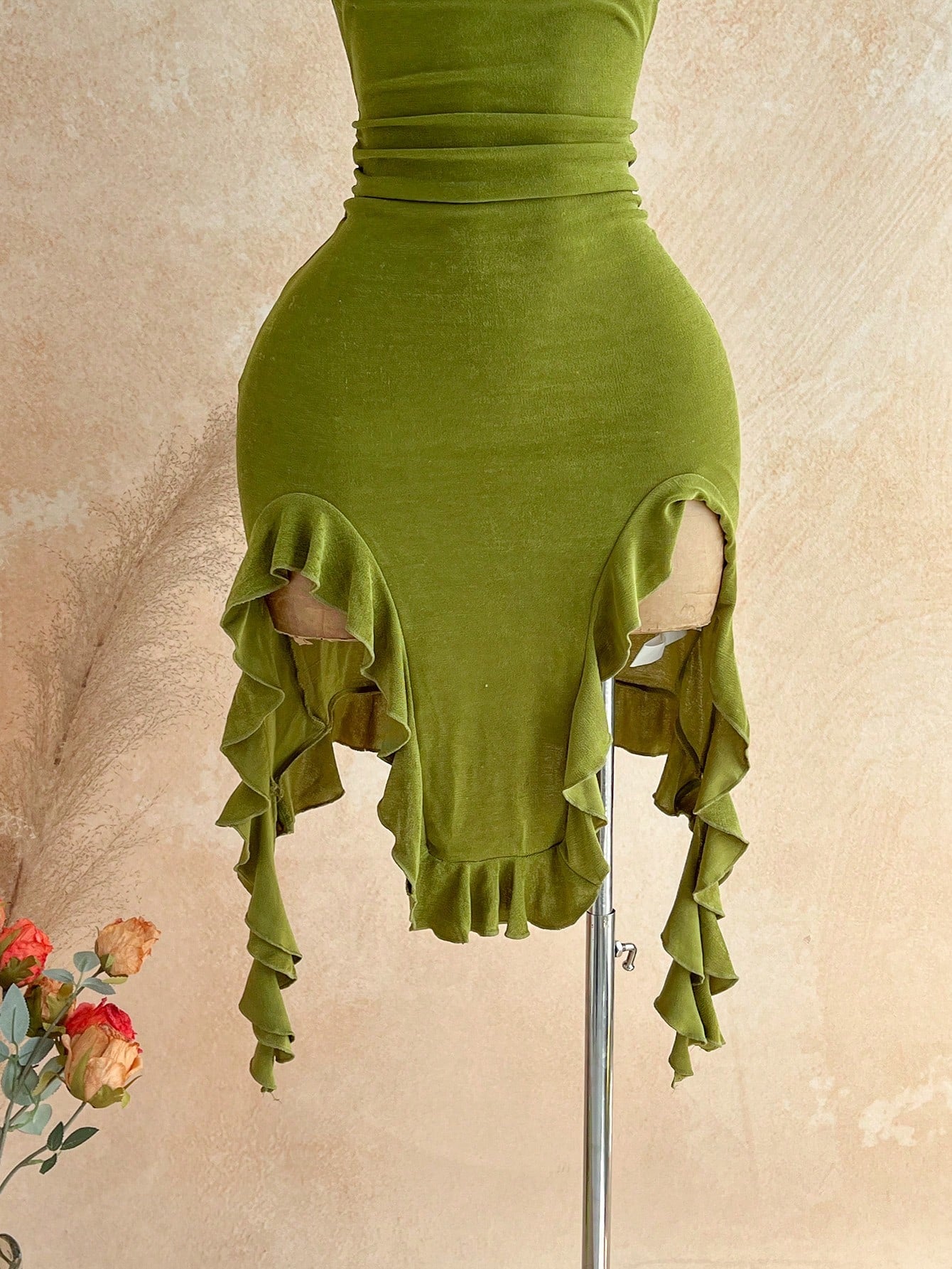 Soleia Women's Olive Green Halter Neck Tie Fitted Asymmetrical Hem Midi Dress For Vacation Party Club Night - image 5