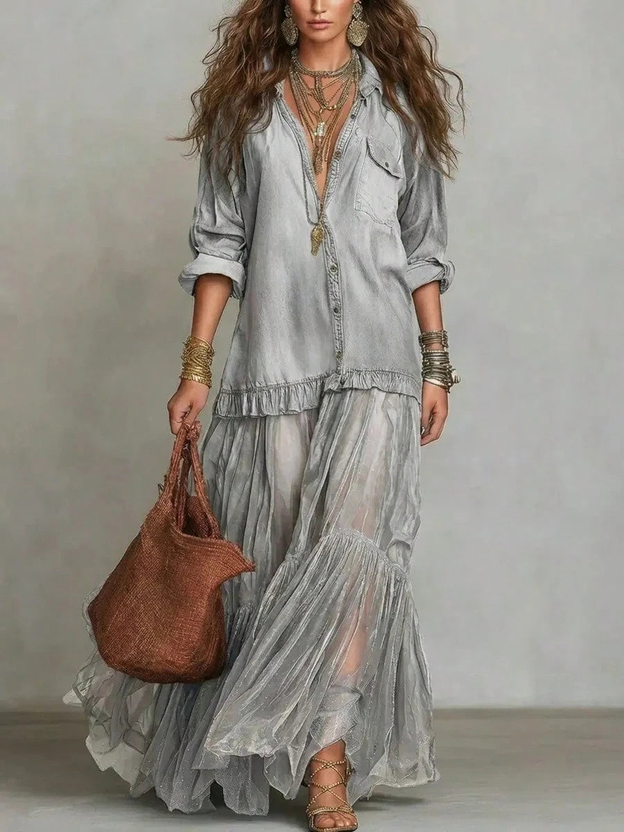 2026 Hot Vintage Collar Faux Denim Maxi Dress With Pockets Casual Women Dress - image 15