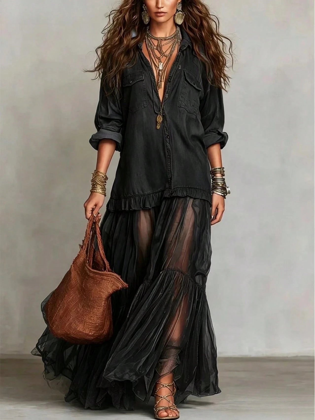2026 Hot Vintage Collar Faux Denim Maxi Dress With Pockets Casual Women Dress - image 16