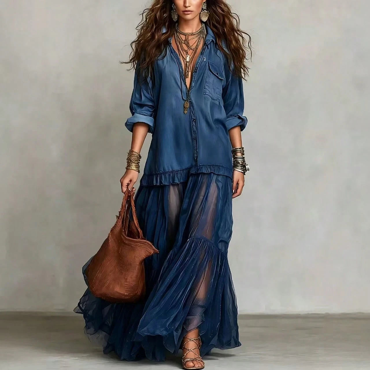 2026 Hot Vintage Collar Faux Denim Maxi Dress With Pockets Casual