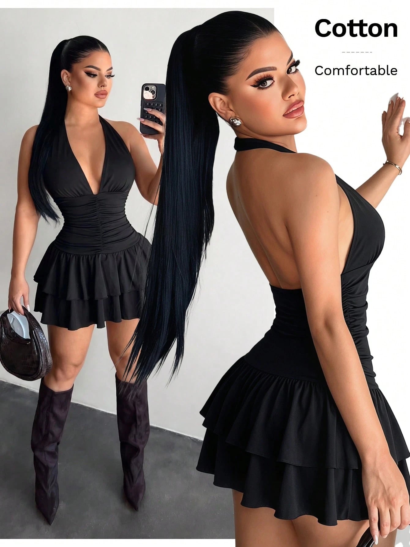 SXY Women's Polka Dot Print Deep V-Neck Sexy Halter Ruffle Dress