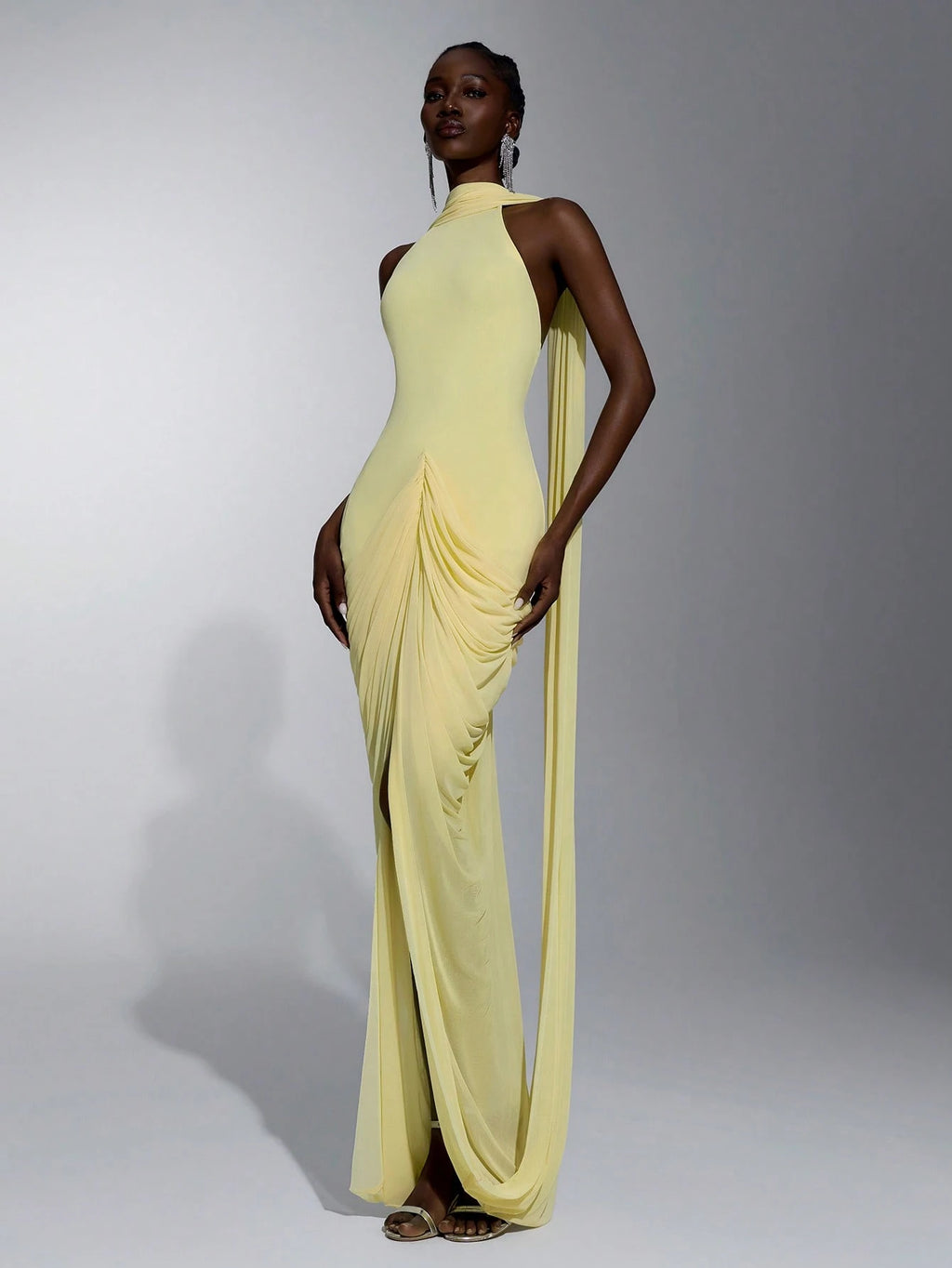 Elitara Elegant Romantic Off-Shoulder Halter Back V-Neck Ruched Asymmetrical Sheer Slit Floor-Length Evening - image 7