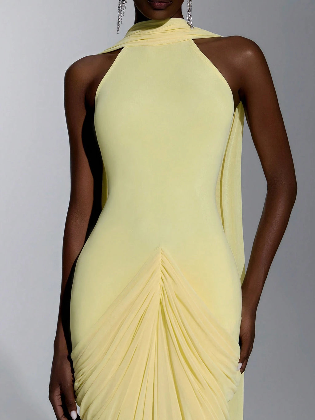 Elitara Elegant Romantic Off-Shoulder Halter Back V-Neck Ruched Asymmetrical Sheer Slit Floor-Length Evening - image 3