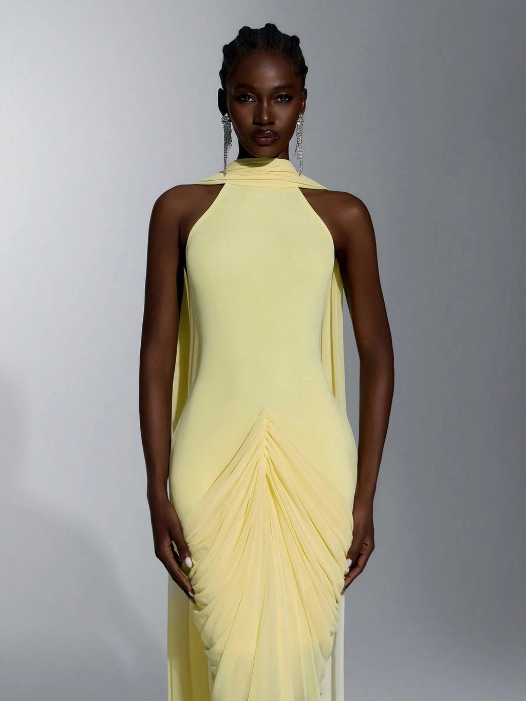 Elitara Elegant Romantic Off-Shoulder Halter Back V-Neck Ruched Asymmetrical Sheer Slit Floor-Length Evening - image 8