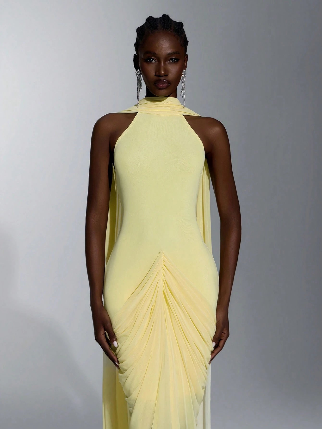 Elitara Elegant Romantic Off-Shoulder Halter Back V-Neck Ruched Asymmetrical Sheer Slit Floor-Length Evening - image 8