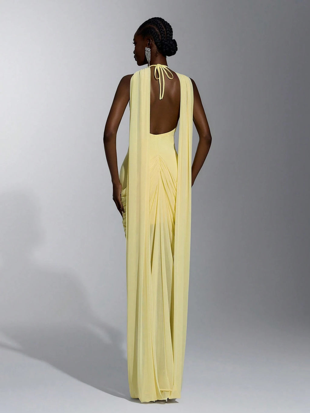 Elitara Elegant Romantic Off-Shoulder Halter Back V-Neck Ruched Asymmetrical Sheer Slit Floor-Length Evening - image 6