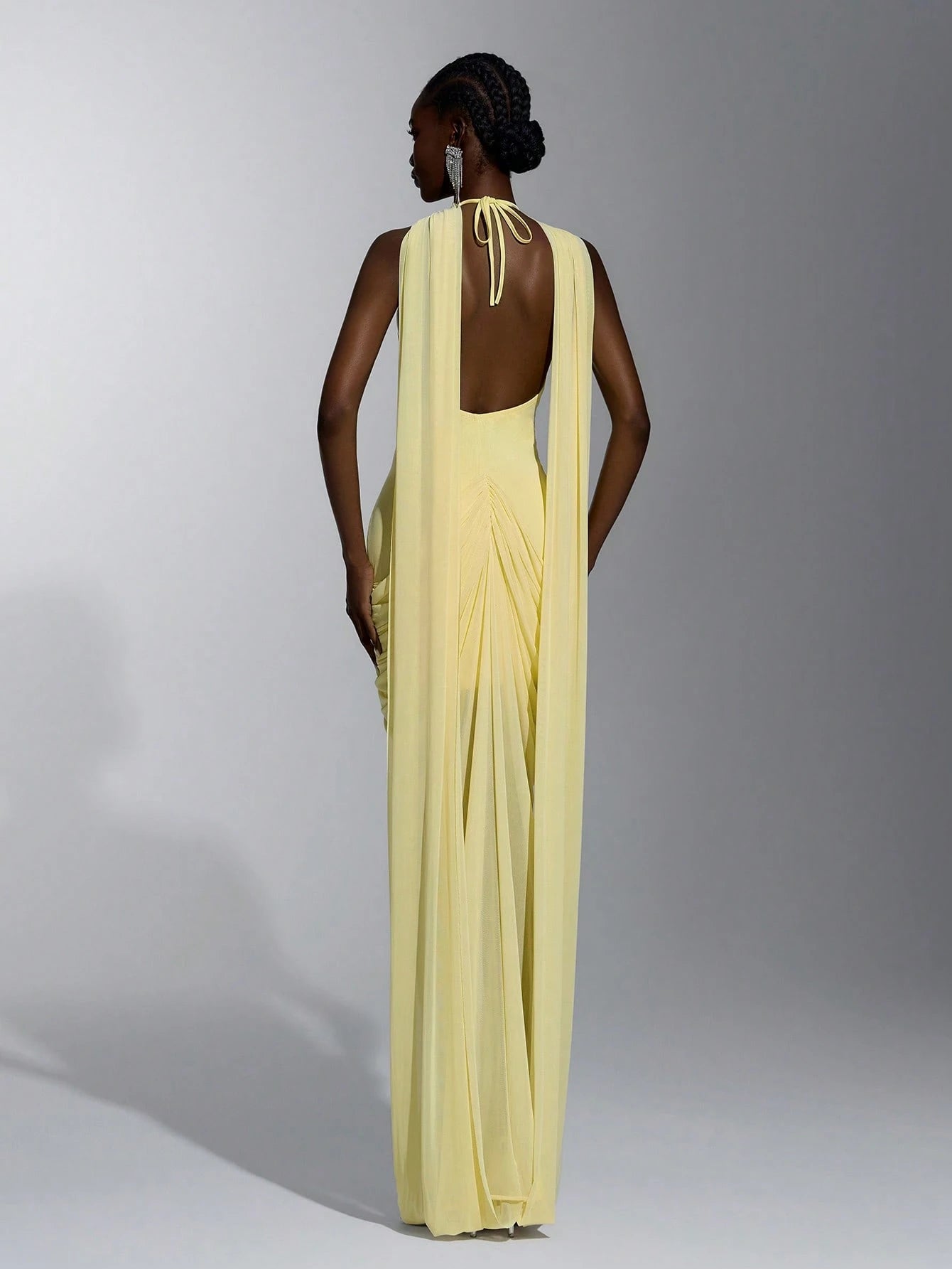 Elitara Elegant Romantic Off-Shoulder Halter Back V-Neck Ruched Asymmetrical Sheer Slit Floor-Length Evening - image 6