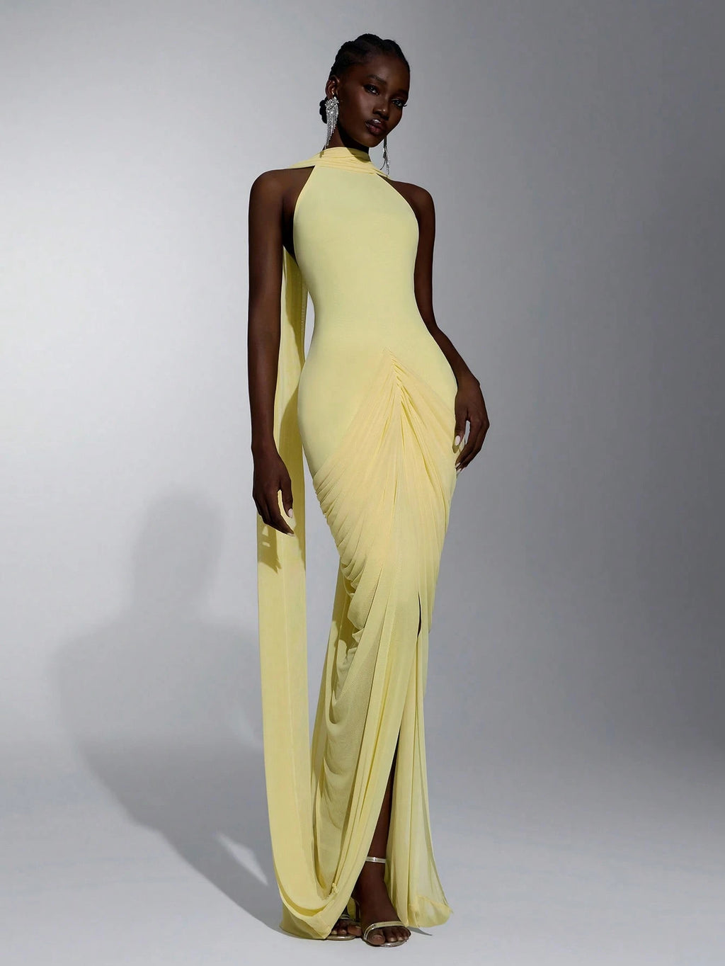 Elitara Elegant Romantic Off-Shoulder Halter Back V-Neck Ruched Asymmetrical Sheer Slit Floor-Length Evening