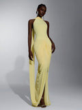Elitara Elegant Romantic Off-Shoulder Halter Back V-Neck Ruched Asymmetrical Sheer Slit Floor-Length Evening