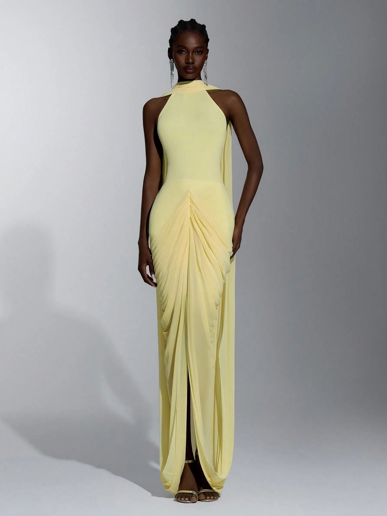 Elitara Elegant Romantic Off-Shoulder Halter Back V-Neck Ruched Asymmetrical Sheer Slit Floor-Length Evening - image 5