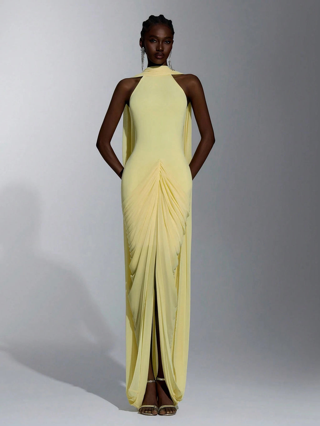 Elitara Elegant Romantic Off-Shoulder Halter Back V-Neck Ruched Asymmetrical Sheer Slit Floor-Length Evening - image 9