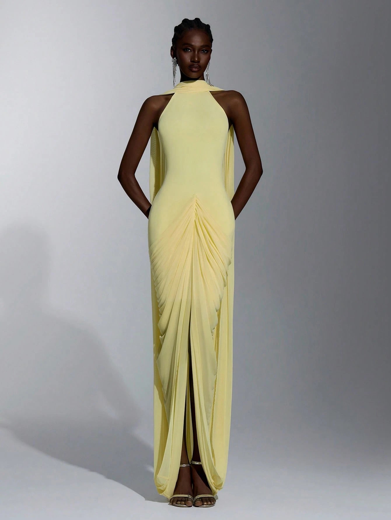 Elitara Elegant Romantic Off-Shoulder Halter Back V-Neck Ruched Asymmetrical Sheer Slit Floor-Length Evening - image 9