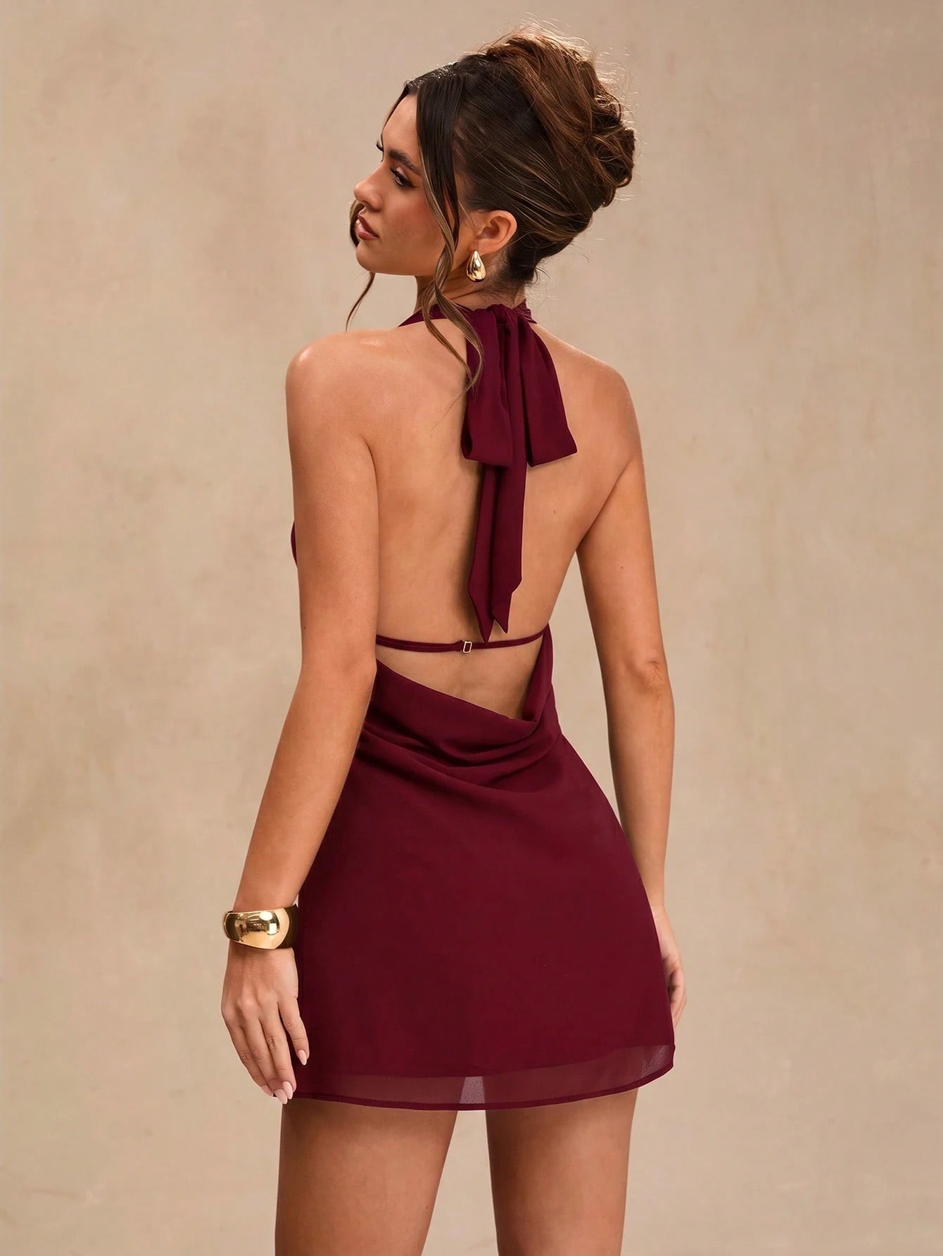 BAE Black Deep Draped Neck Halter Backless Sexy Chiffon Mini Dress