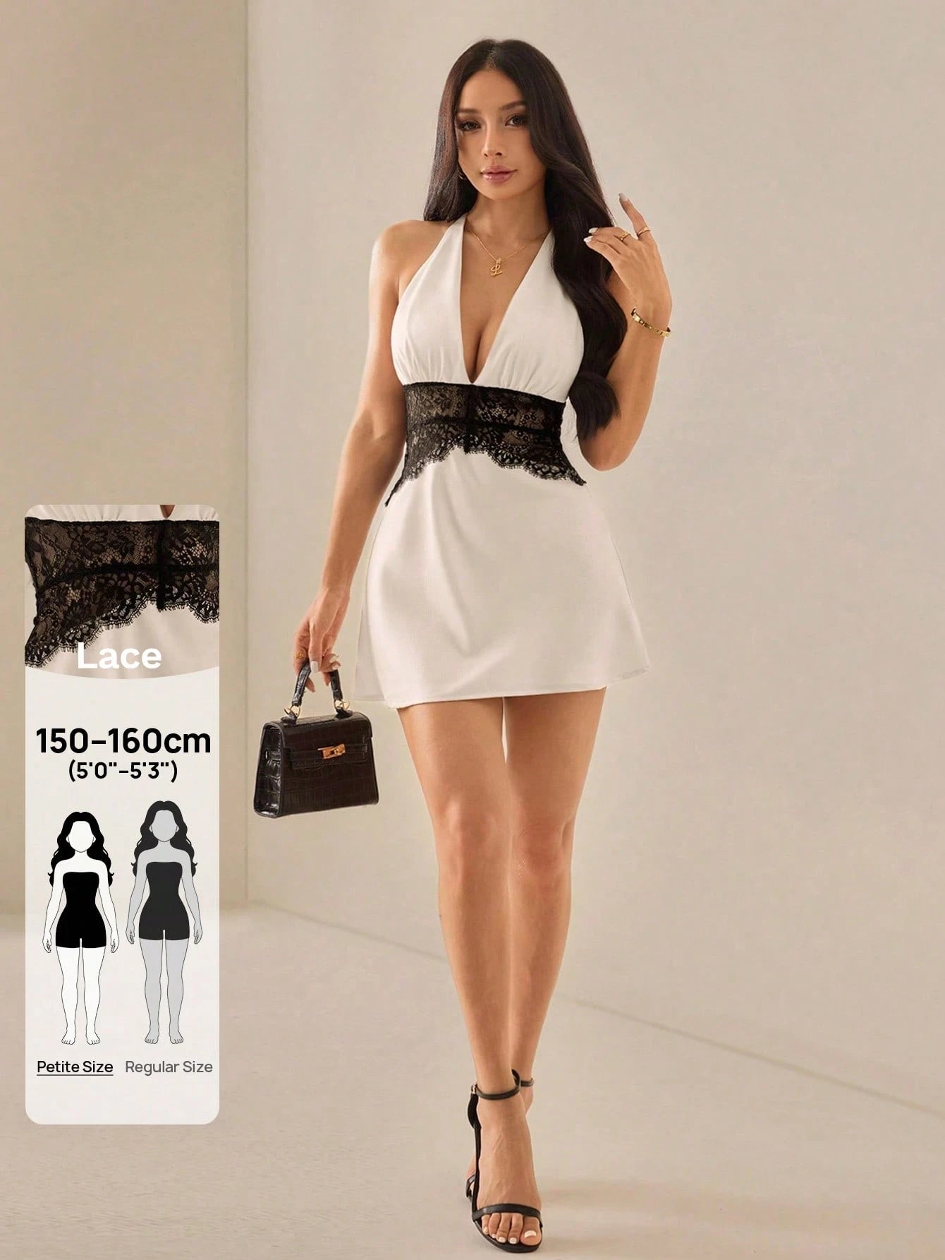PETITE Apricot Satin Waist Splicing Black Lace A-Line Halter Mini