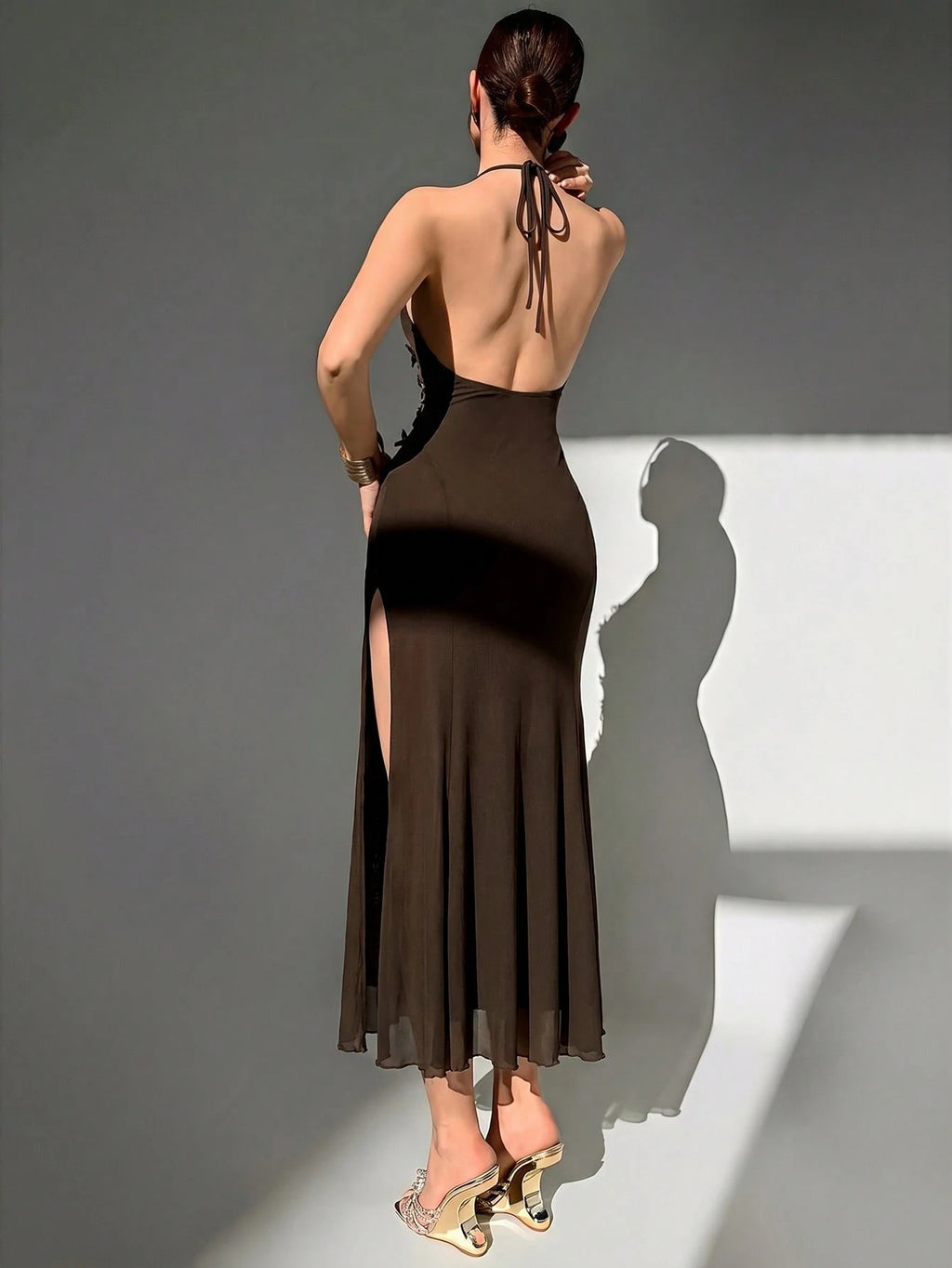 Aloruh Handmade 3D Floral Halter Neck Tie Fitted Formal Black Mesh