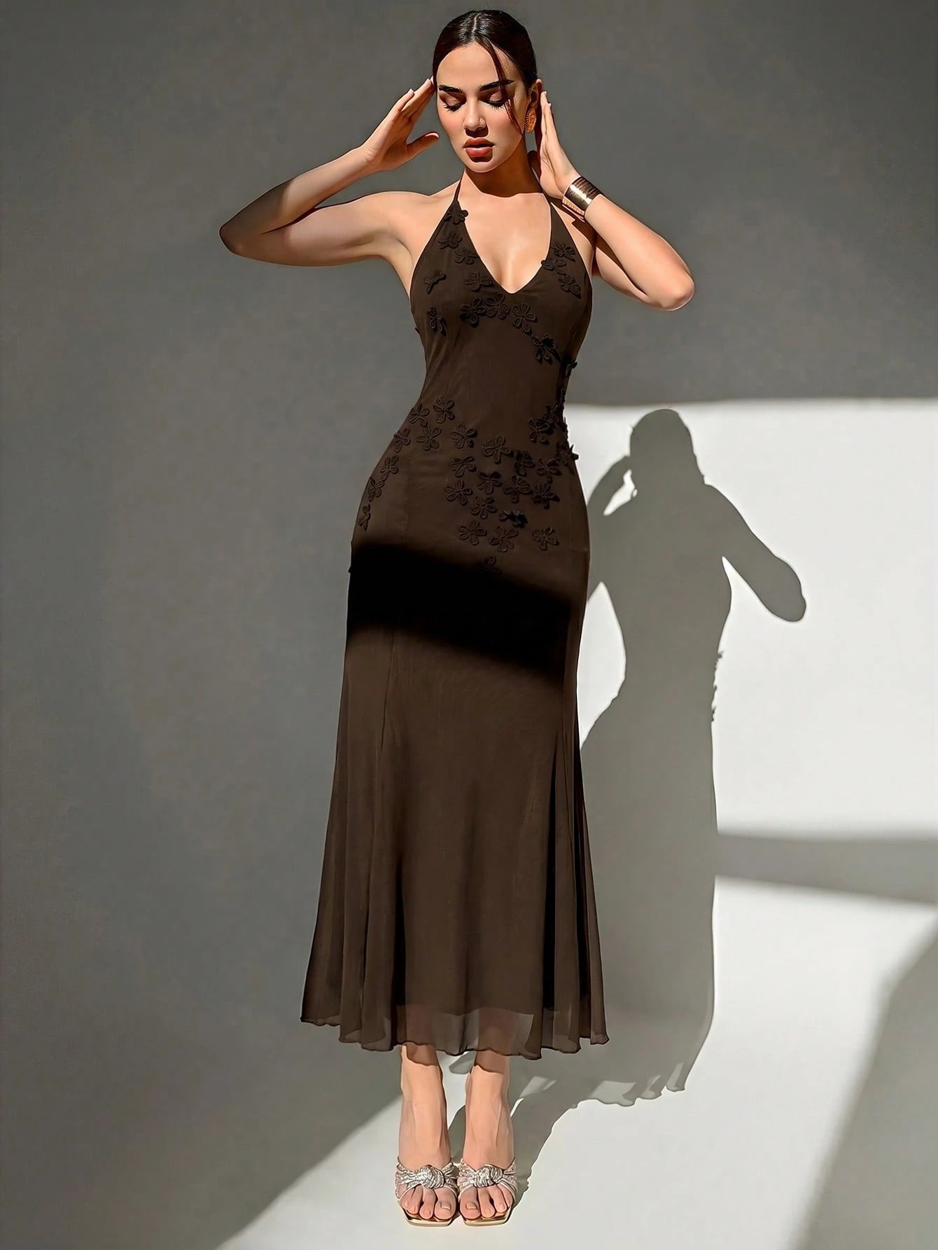 Aloruh Handmade 3D Floral Halter Neck Tie Fitted Formal Black Mesh