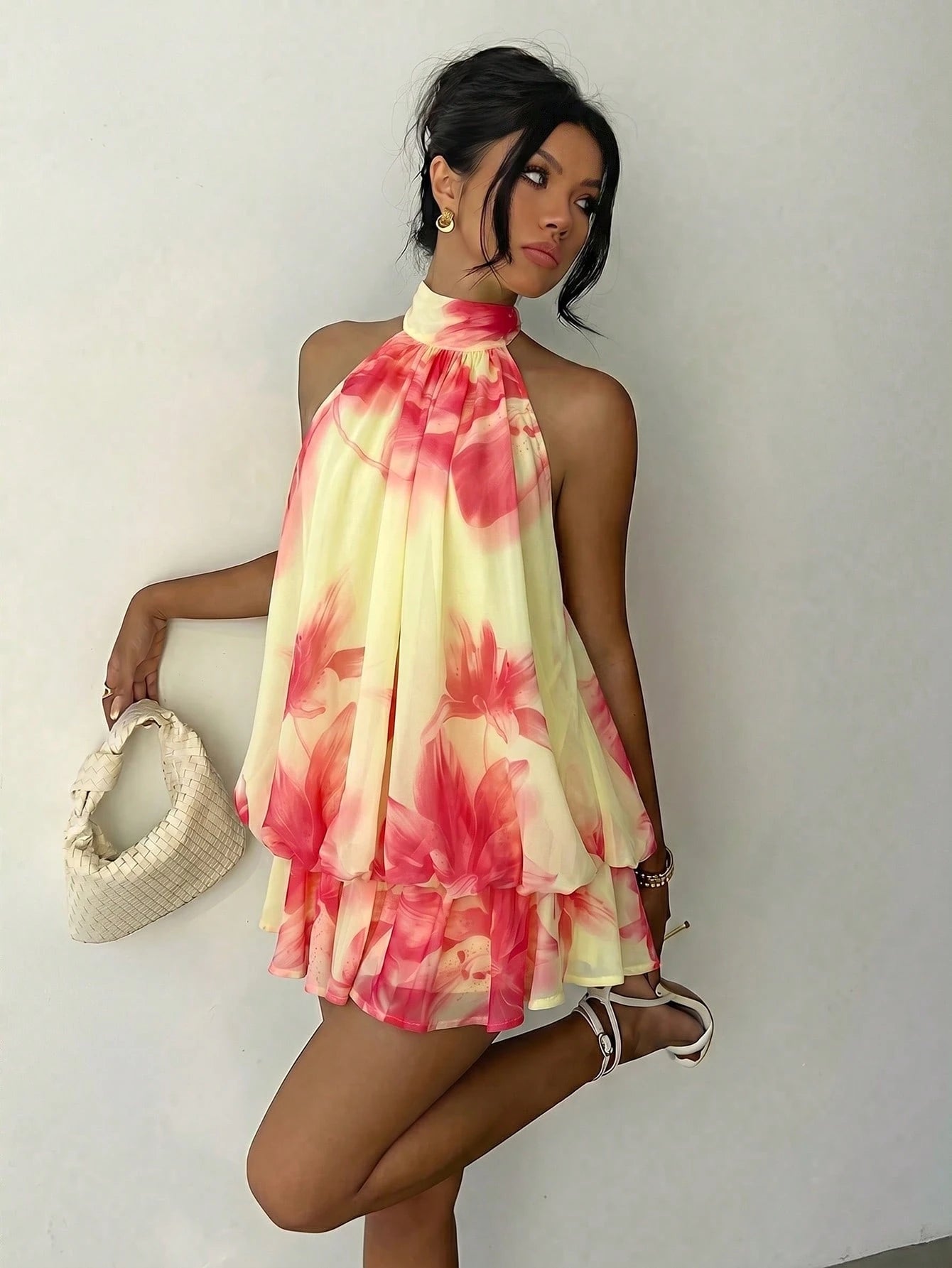 Aloruh Chic Green Halter Neck Mini Dress For Women Casual A Line