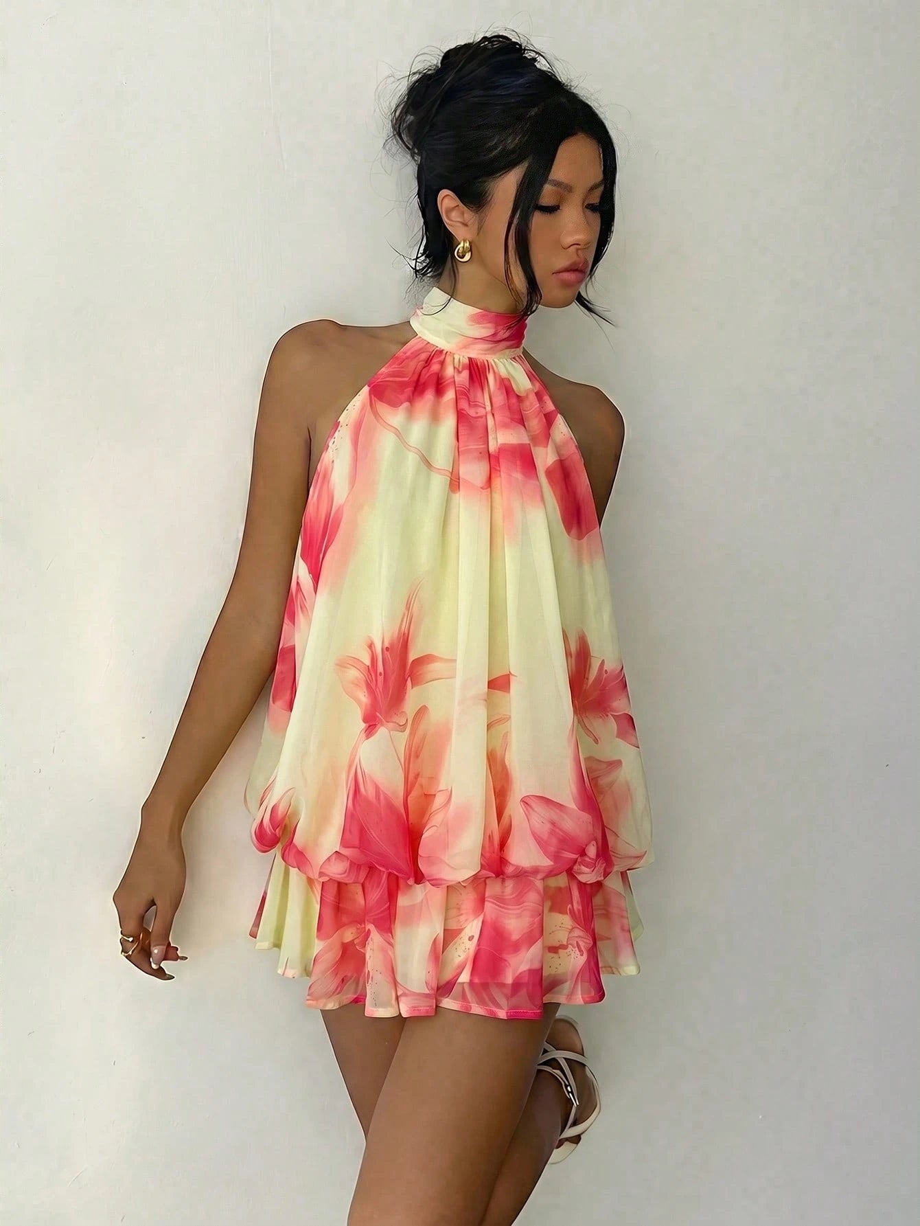 Aloruh Chic Green Halter Neck Mini Dress For Women Casual A Line