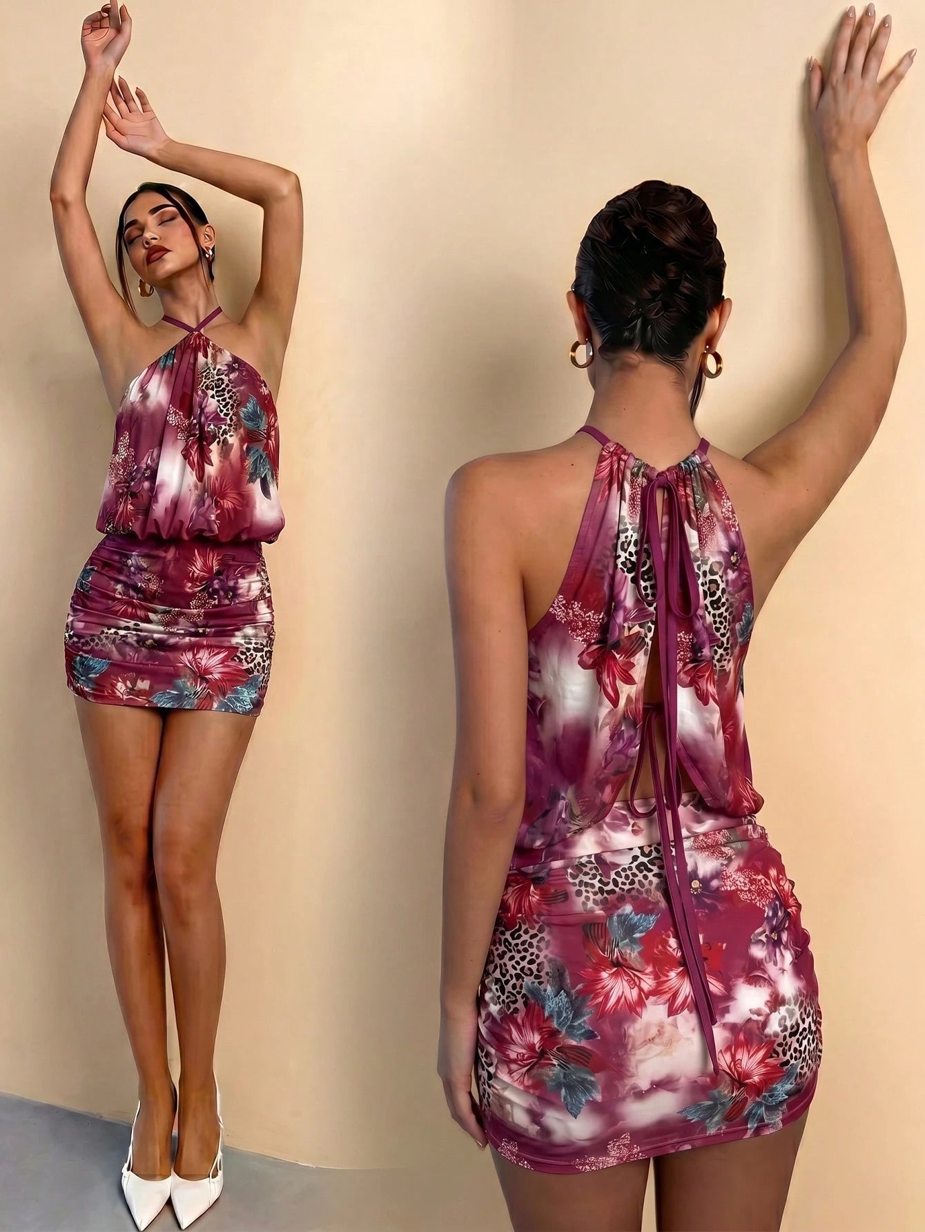 Glamine Hot Pink Floral Mesh Mini Dress Elegant Sexy Halter Neck