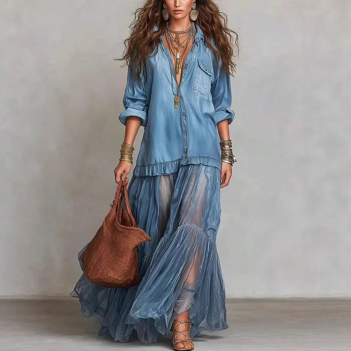 2026 Hot Vintage Collar Faux Denim Maxi Dress With Pockets Casual