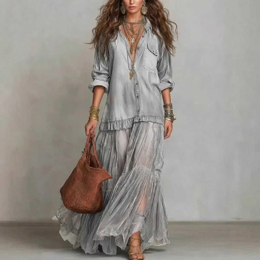 2026 Hot Vintage Collar Faux Denim Maxi Dress With Pockets Casual