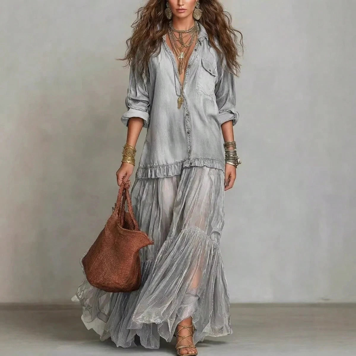 2026 Hot Vintage Collar Faux Denim Maxi Dress With Pockets Casual