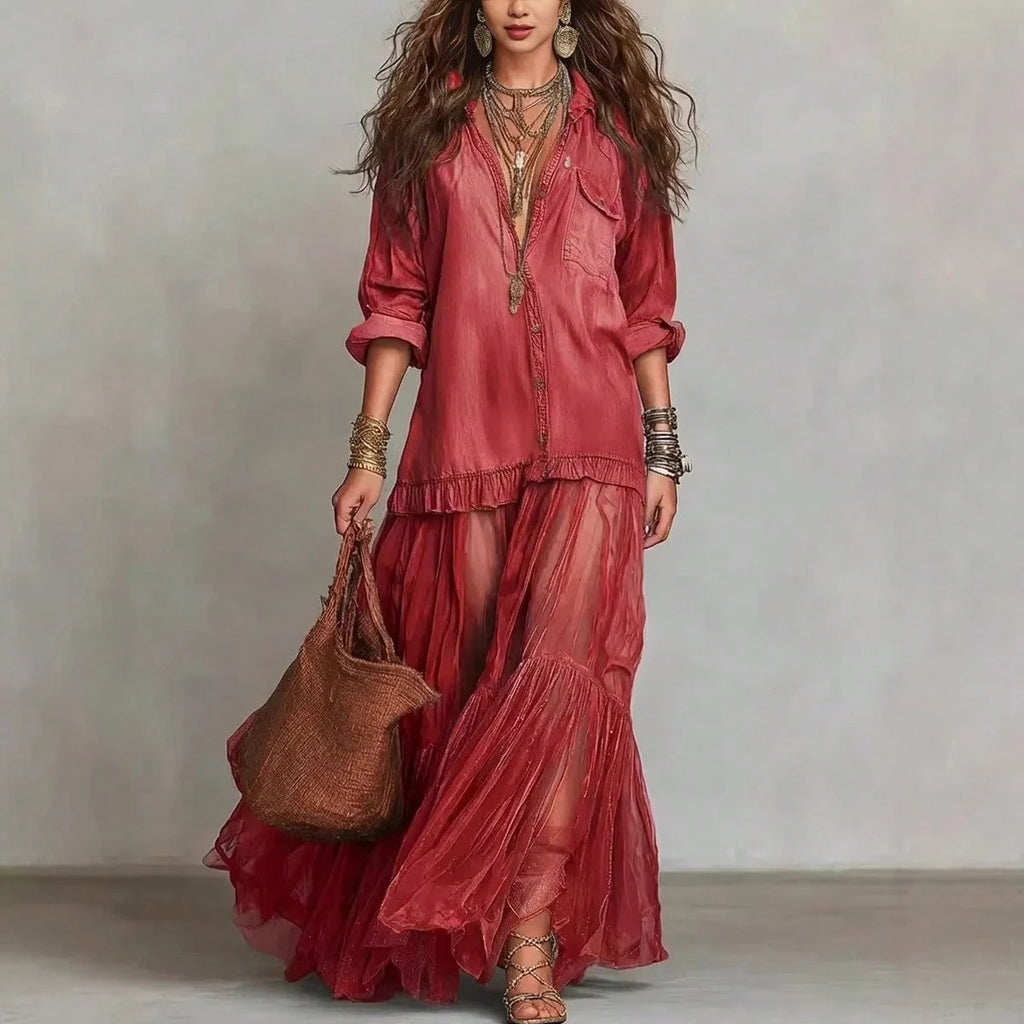 2026 Hot Vintage Collar Faux Denim Maxi Dress With Pockets Casual Women Dress - image 4
