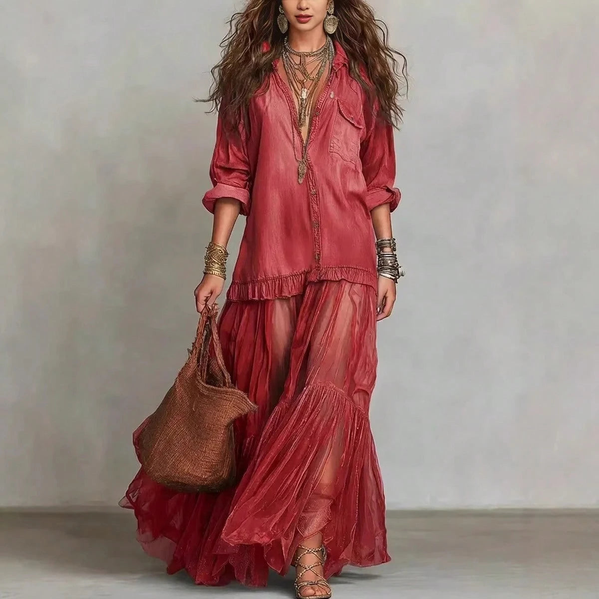 2026 Hot Vintage Collar Faux Denim Maxi Dress With Pockets Casual Women Dress - image 4