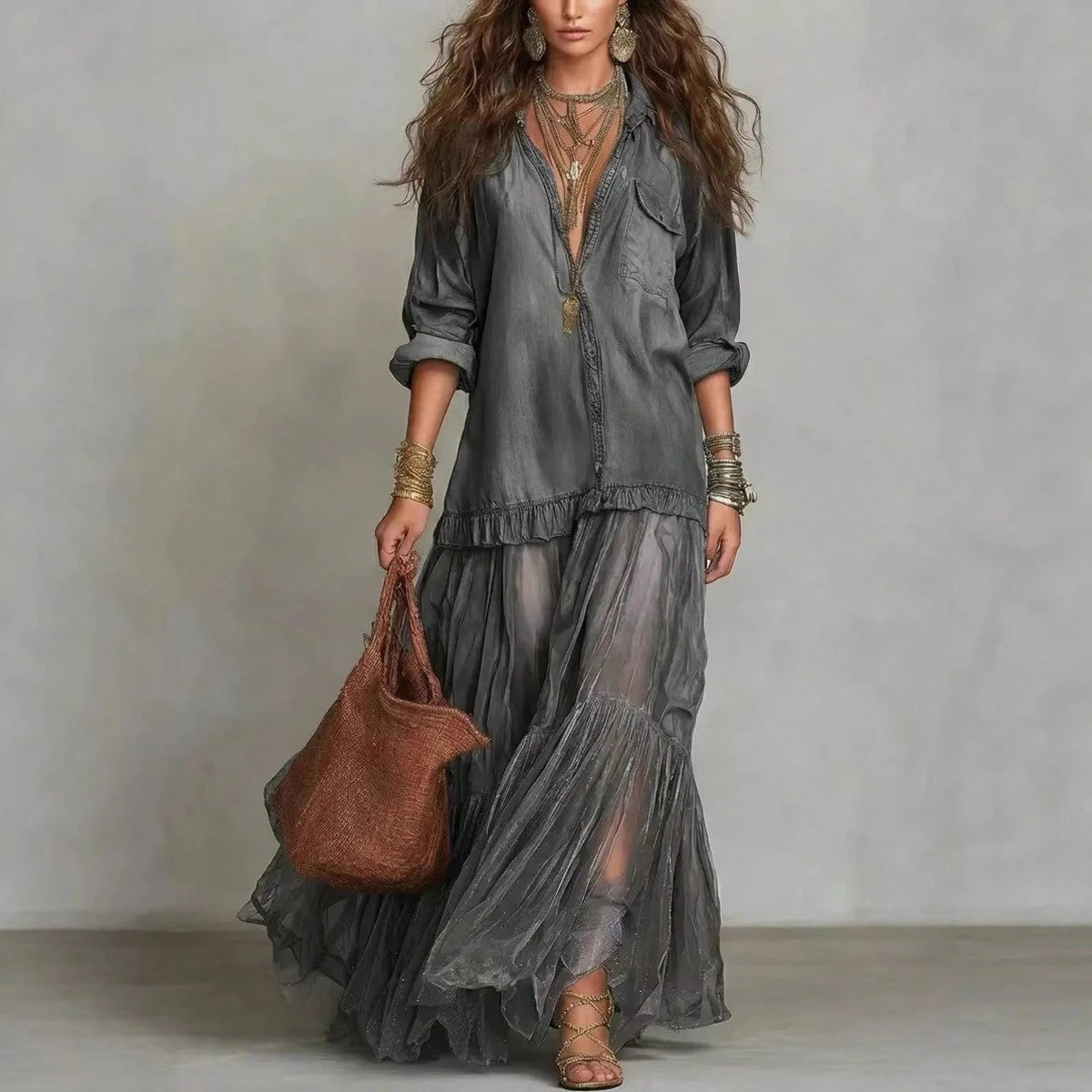 2026 Hot Vintage Collar Faux Denim Maxi Dress With Pockets Casual