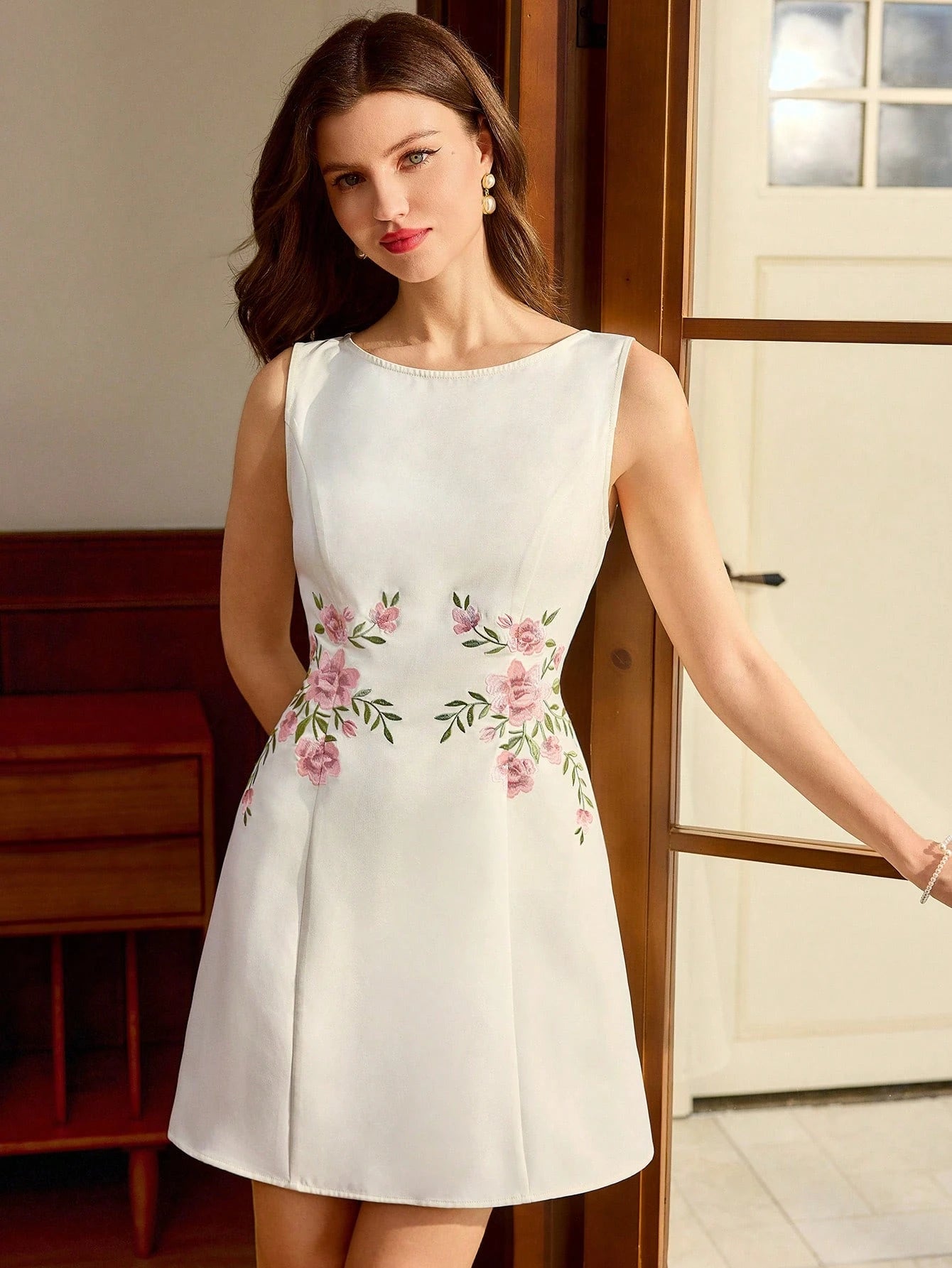 Vintamour Women's Elegant Romantic White Floral Jacquard Mini Dress,Sleeveless Bodycon Summer Vacation - image 15