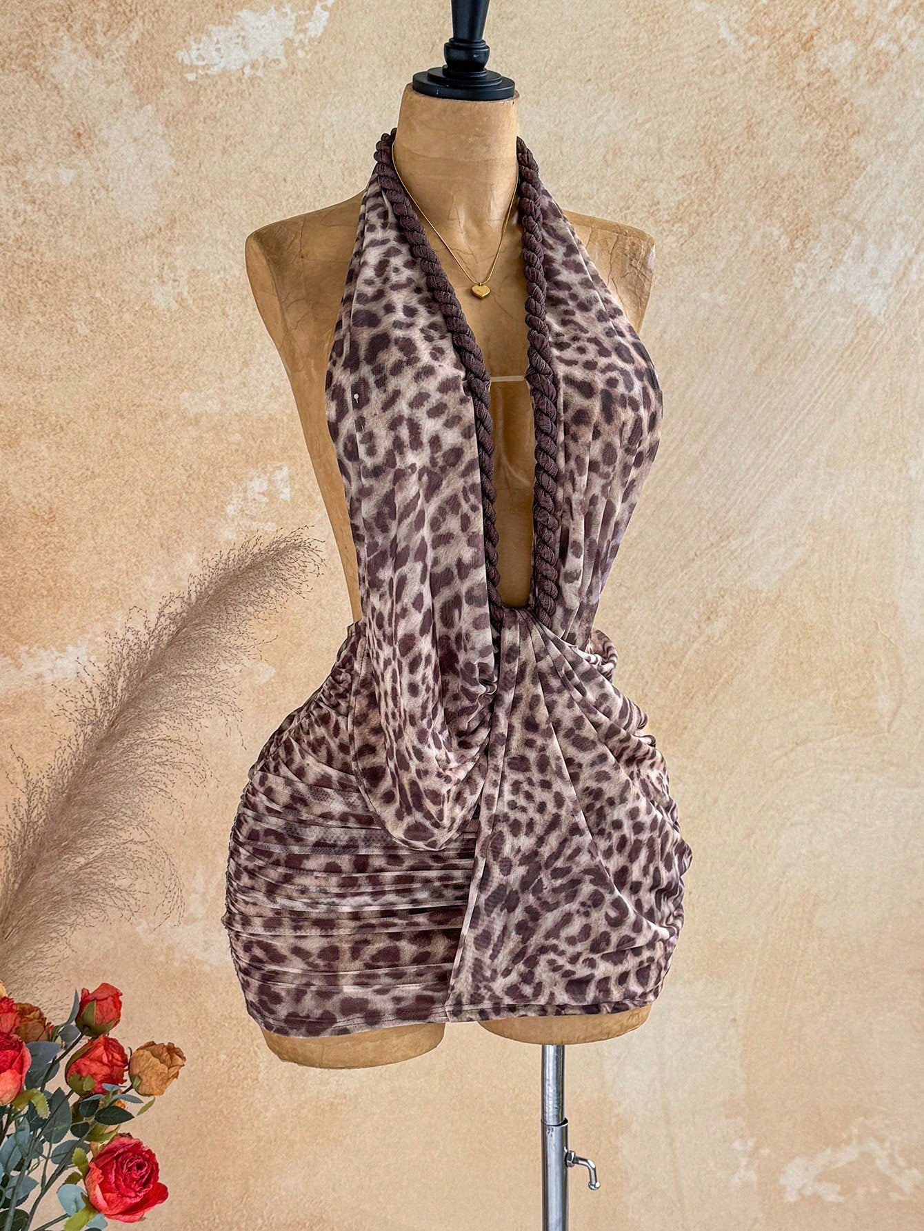 Soleia Women's Floral Print Deep V Neck Ruched Sexy Halter Mini