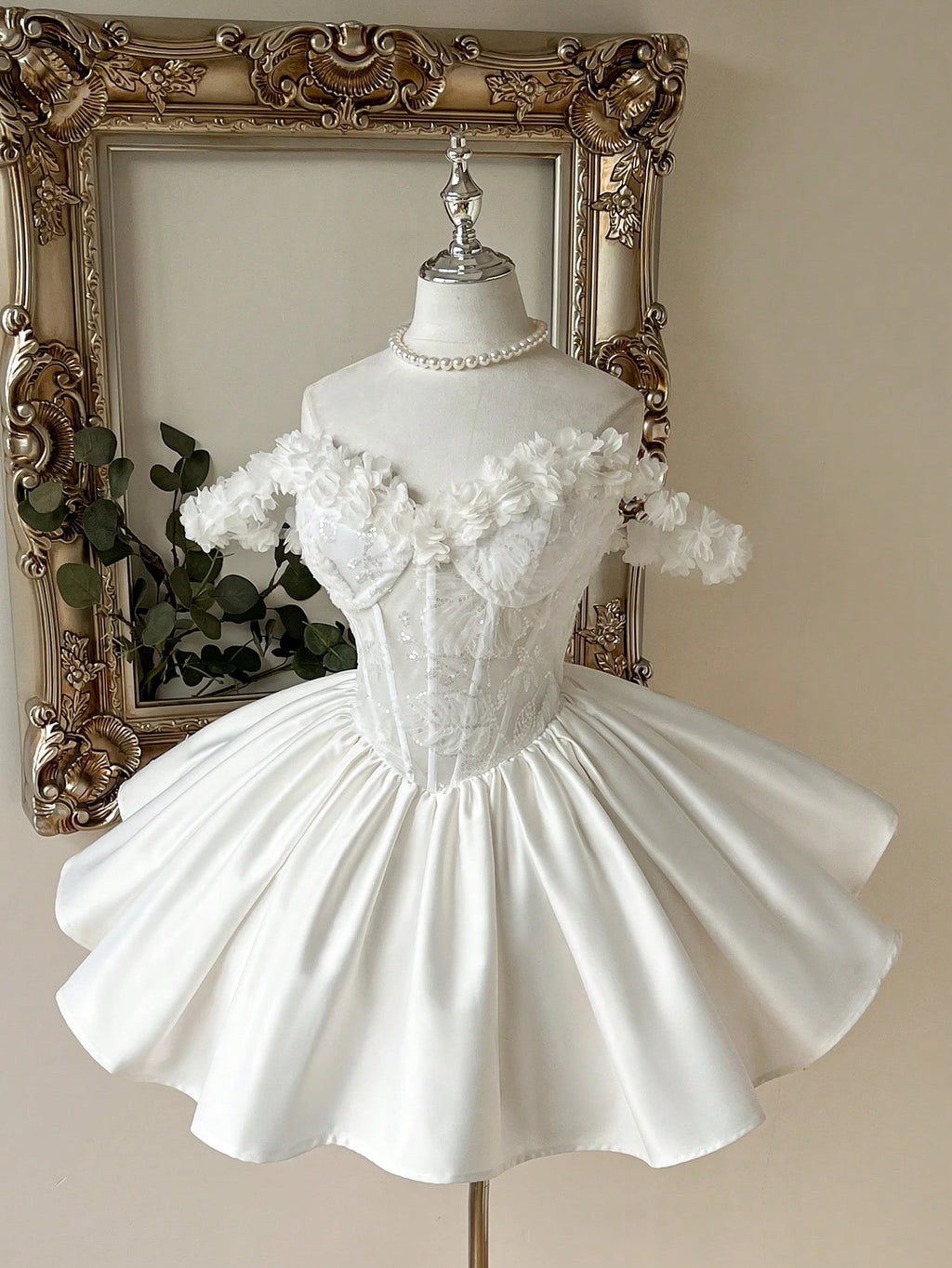 Lovelzi Elegant White Sequined Embroidered Satin 3D Flowers Off-Shoulder A-Line Short Bridal Shower Dress For