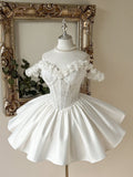 Lovelzi Elegant White Sequined Embroidered Satin 3D Flowers Off-Shoulder A-Line Short Bridal Shower Dress For