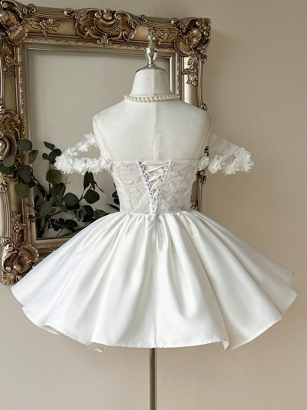 Lovelzi Elegant White Sequined Embroidered Satin 3D Flowers Off-Shoulder A-Line Short Bridal Shower Dress For - image 3