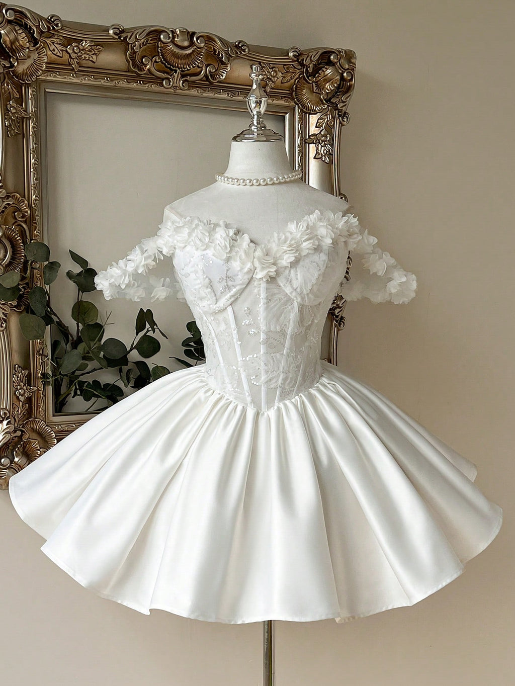 Lovelzi Elegant White Sequined Embroidered Satin 3D Flowers Off-Shoulder A-Line Short Bridal Shower Dress For - image 4