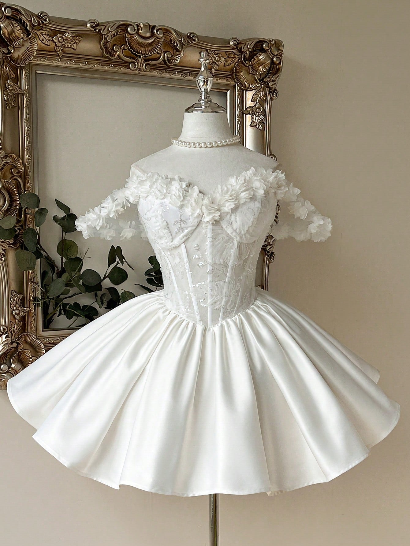 Lovelzi Elegant White Sequined Embroidered Satin 3D Flowers Off-Shoulder A-Line Short Bridal Shower Dress For - image 4