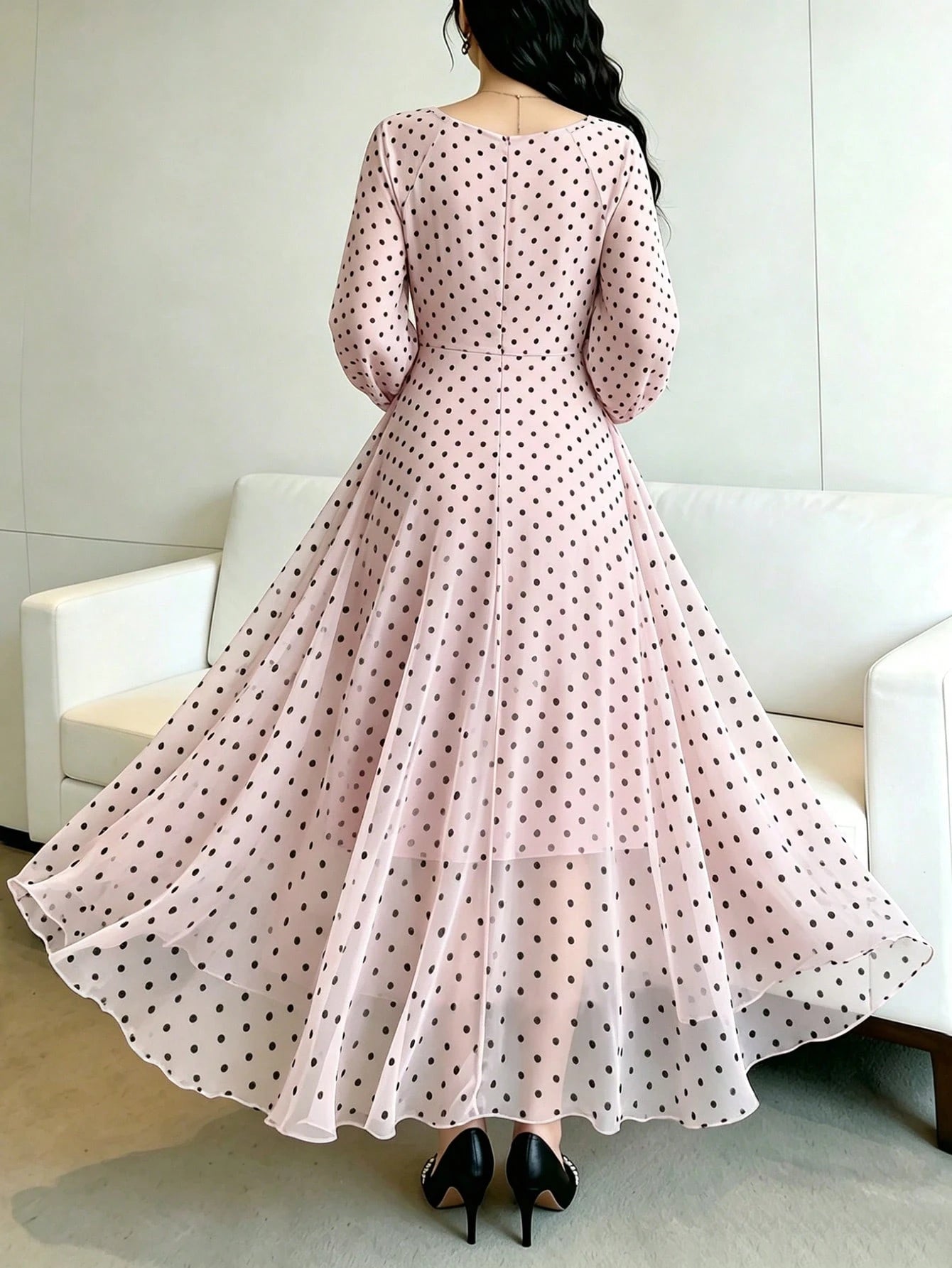 Modelyn Spring/Summer Polka Dot Cinched Cinched Waist Elegant Fashionable Flared Long Dress - image 3