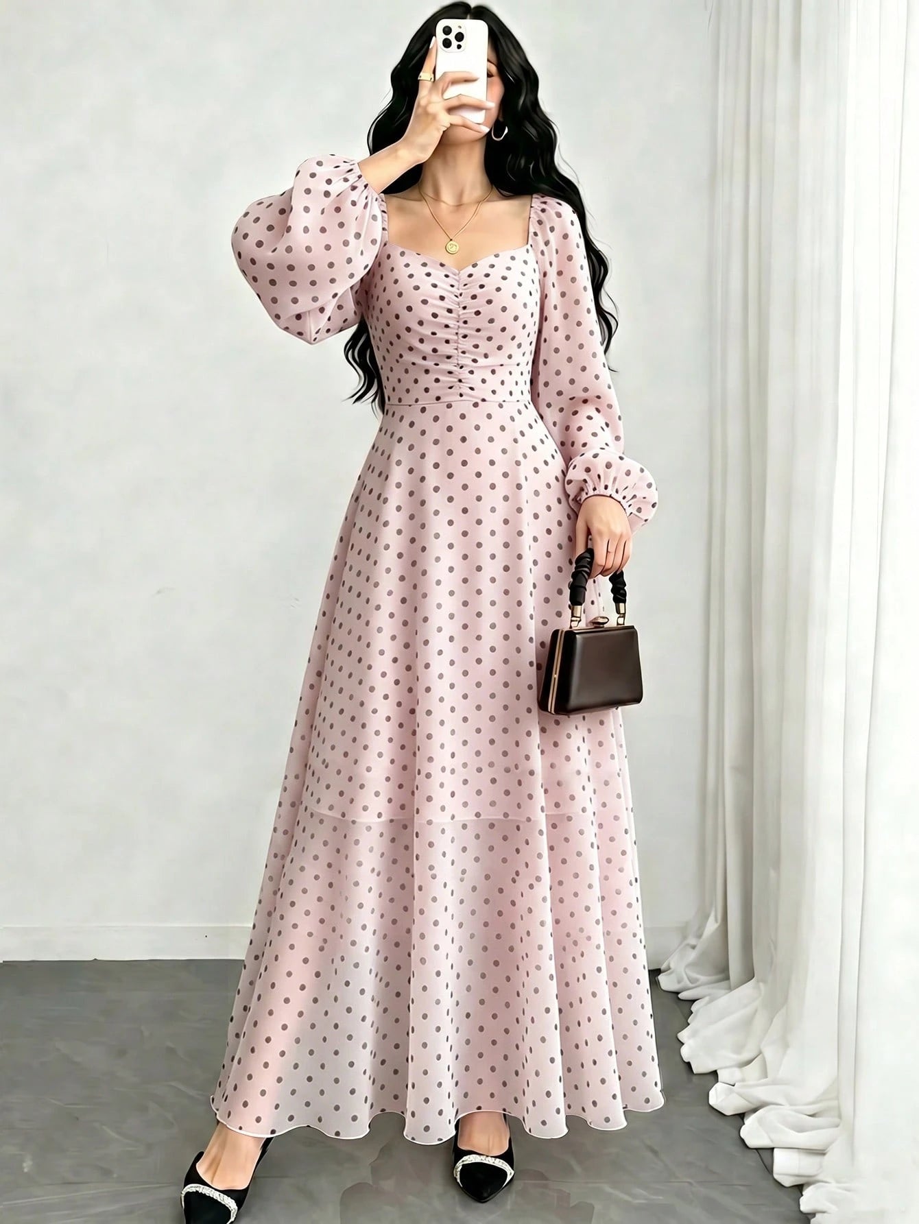 Modelyn Spring/Summer Polka Dot Cinched Cinched Waist Elegant Fashionable Flared Long Dress - image 4