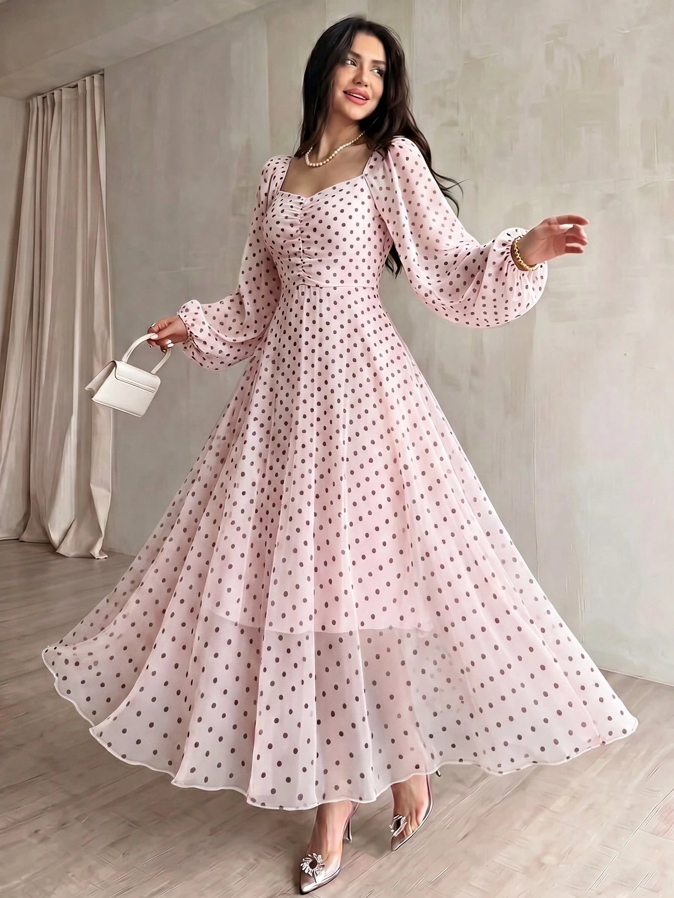 Modelyn Spring/Summer Polka Dot Cinched Cinched Waist Elegant Fashionable Flared Long Dress - image 7