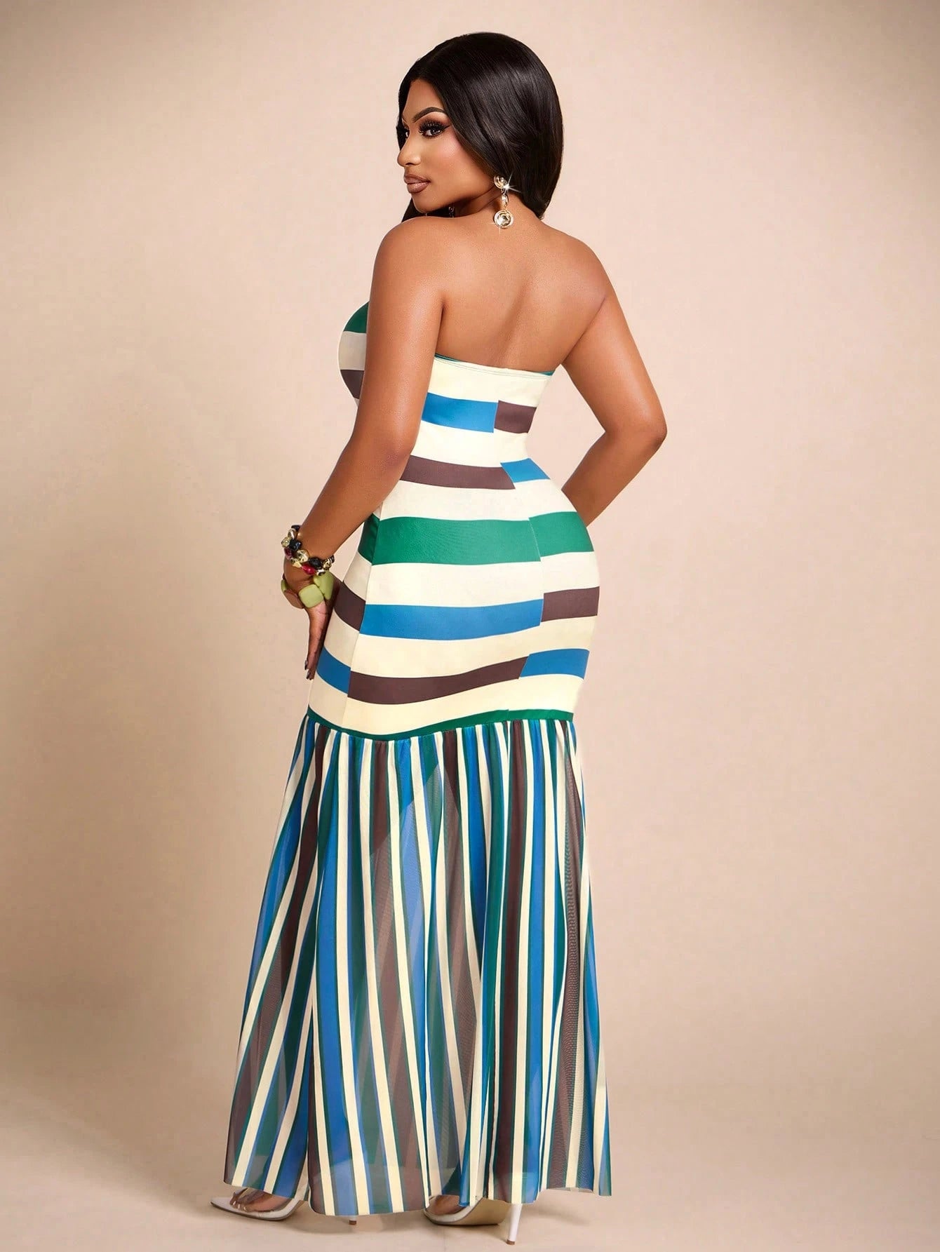 Brilight Elegant Striped Print Fitted Strapless Maxi Dress For