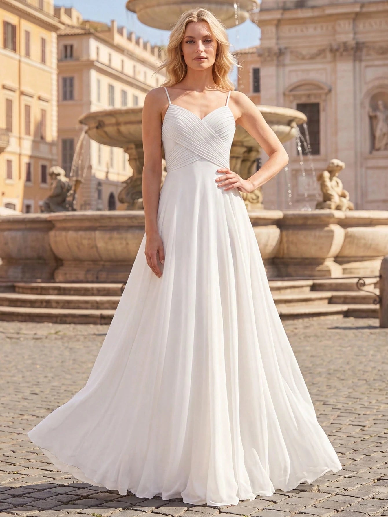 EVERPRETTY Spring Chiffon Spaghetti Strap Backless Pleated Pink